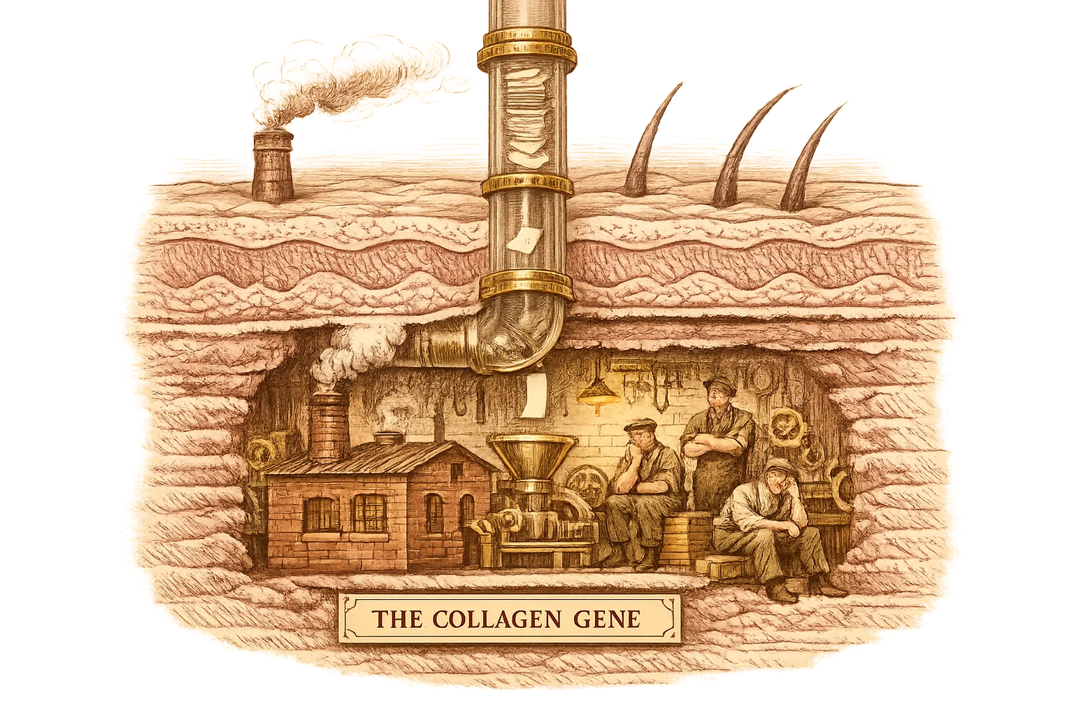 Old-world engraving style diagram of a small factory beneath the skin labelled The Collagen Gene, receiving a single thin work order