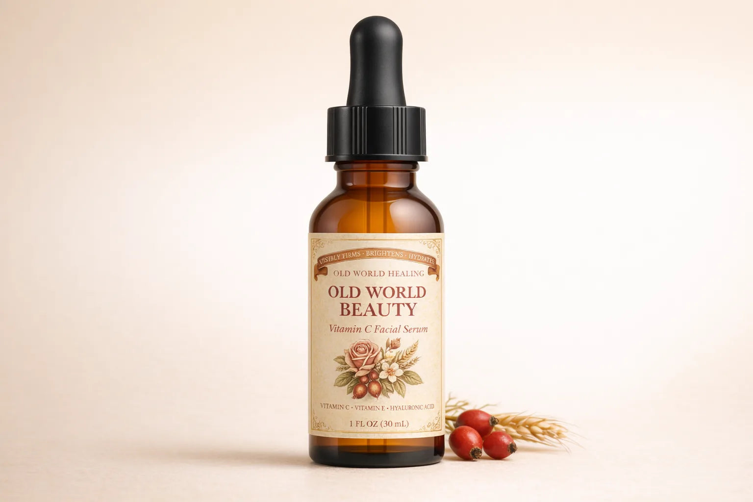 Studio hero shot of the Old World Beauty amber glass serum bottle with rosehips and a wheat sprig beside it