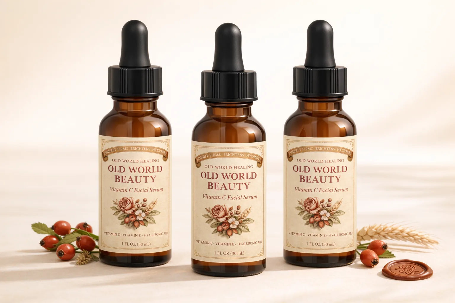 Three bottles of Old World Beauty grouped on a cream surface with rosehips and a wheat sprig