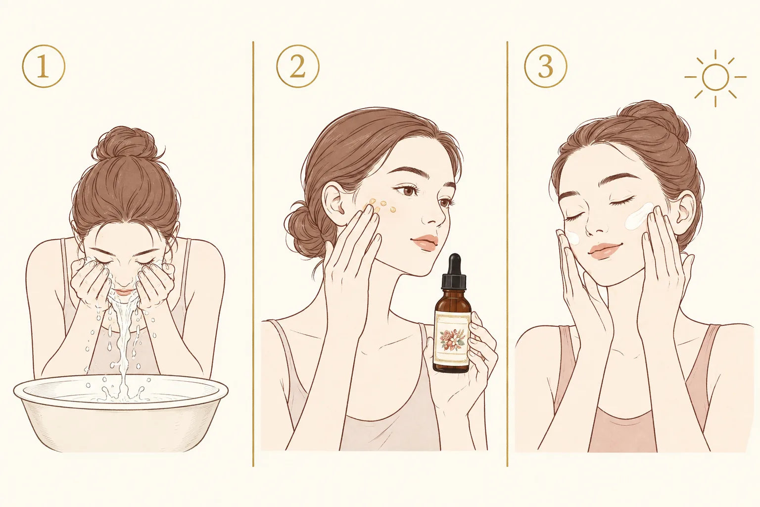 Three-panel how-to illustration: wash the face, smooth on the serum, follow with moisturizer and sunscreen