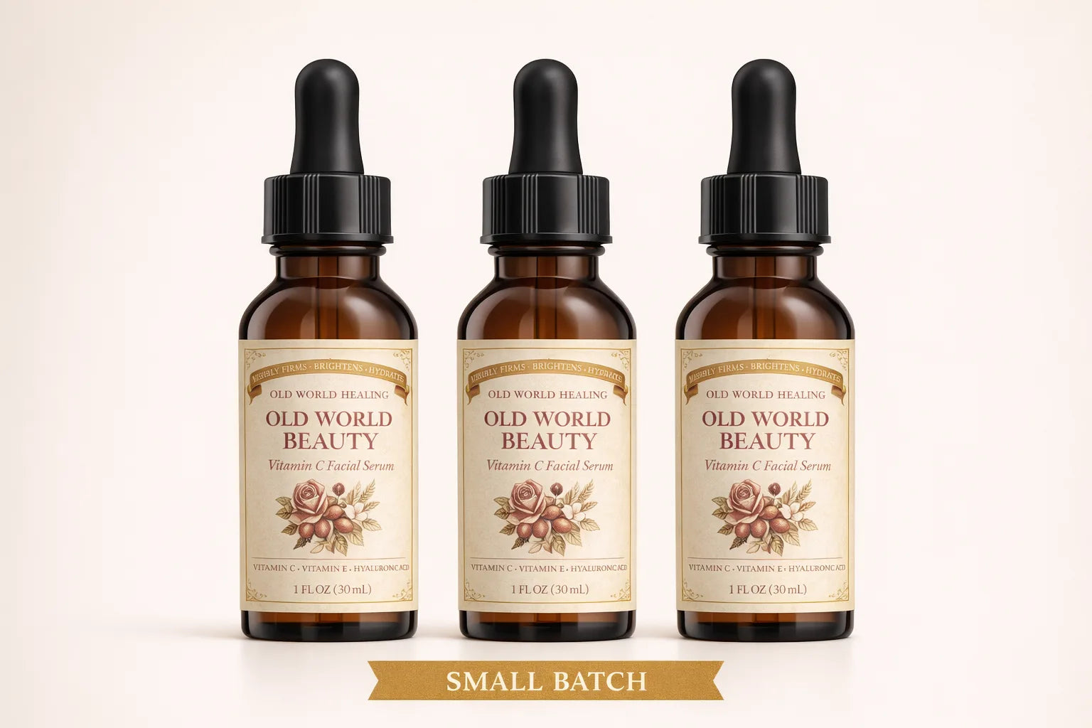 Three bottles of Old World Beauty beside a small batch banner