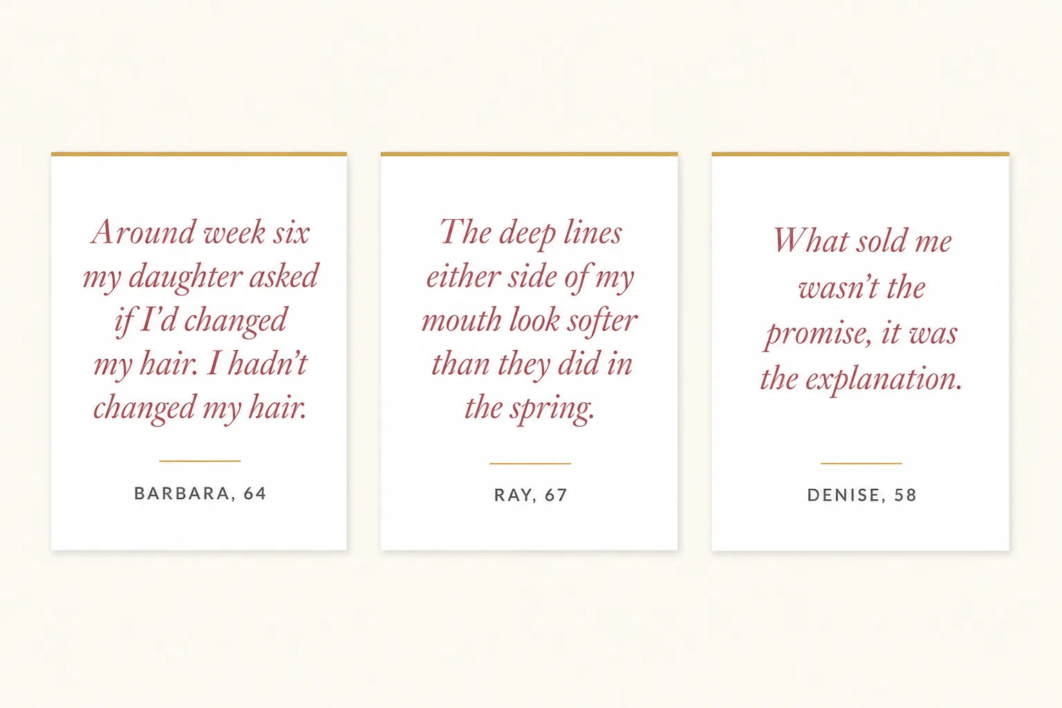 Three cream quote cards carrying short customer accounts with a first name and an age