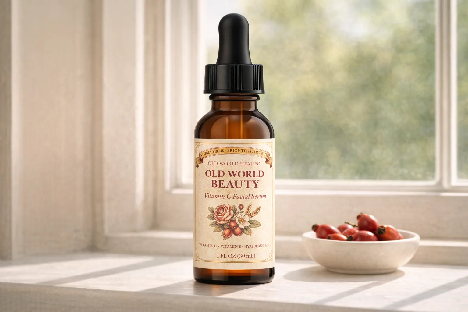 One bottle of Old World Beauty on a sunlit windowsill beside a small dish of rosehips