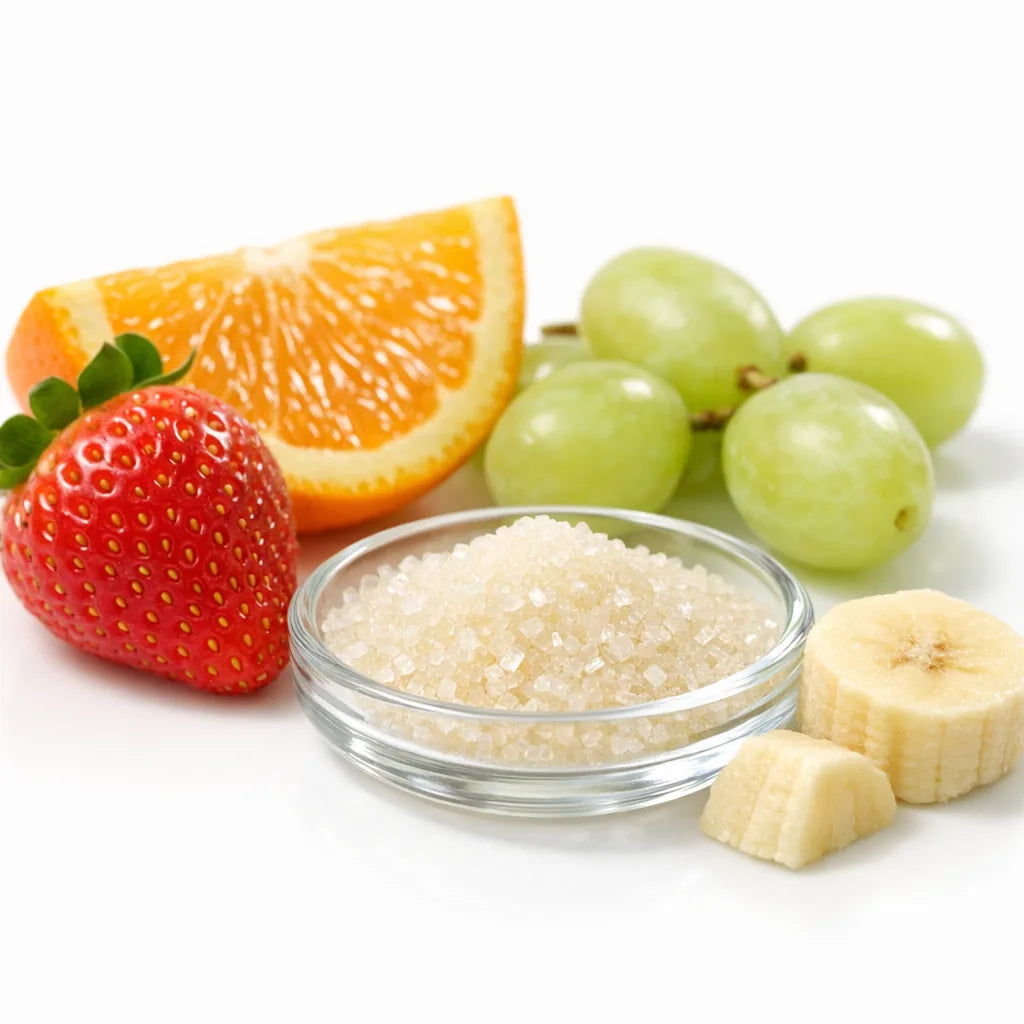 Fresh fruit and a small dish of pale sugar crystals
