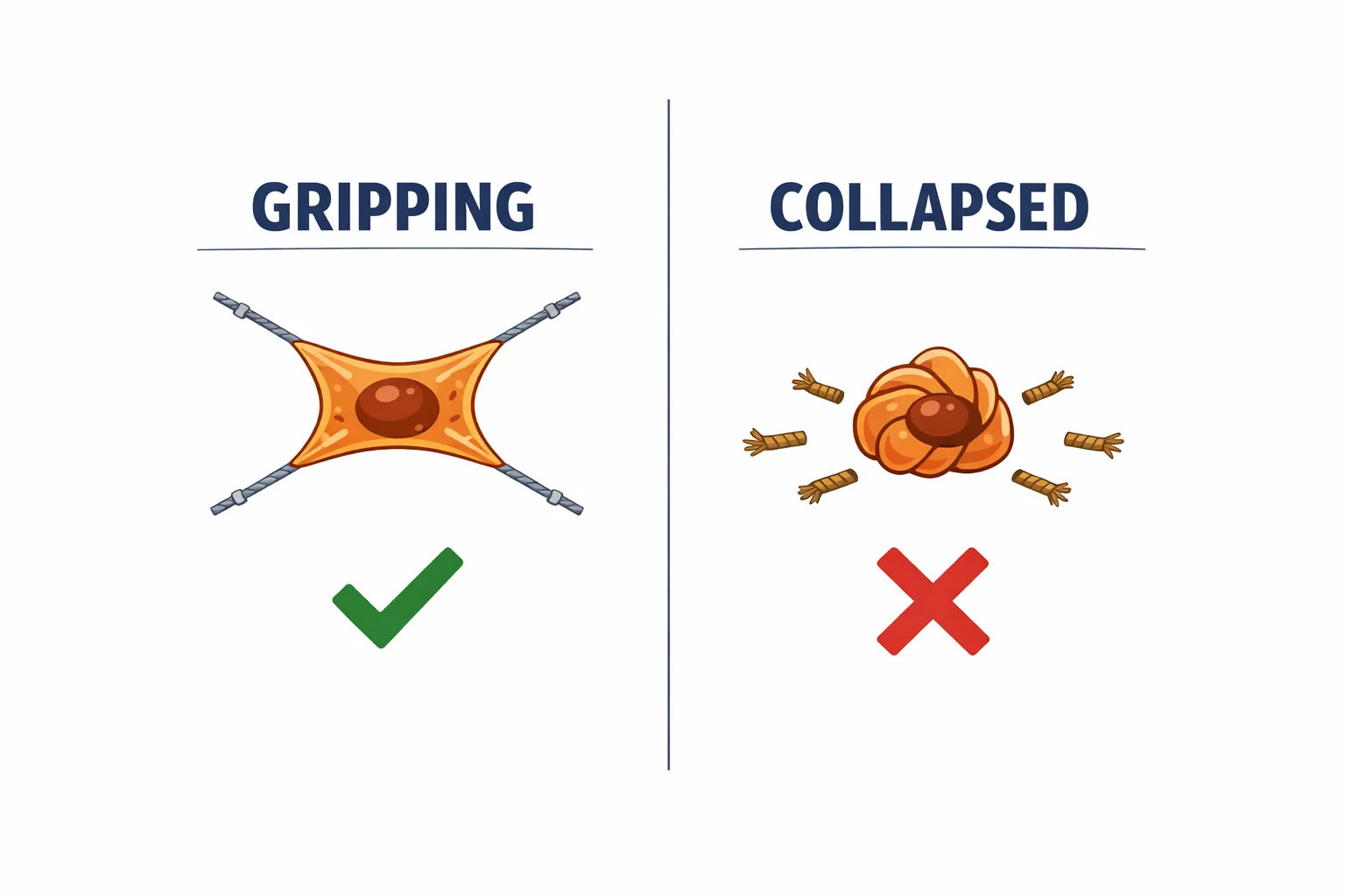 Two-panel diagram comparing a collagen-building cell gripping taut fibers with the same cell folded shut among broken fragments