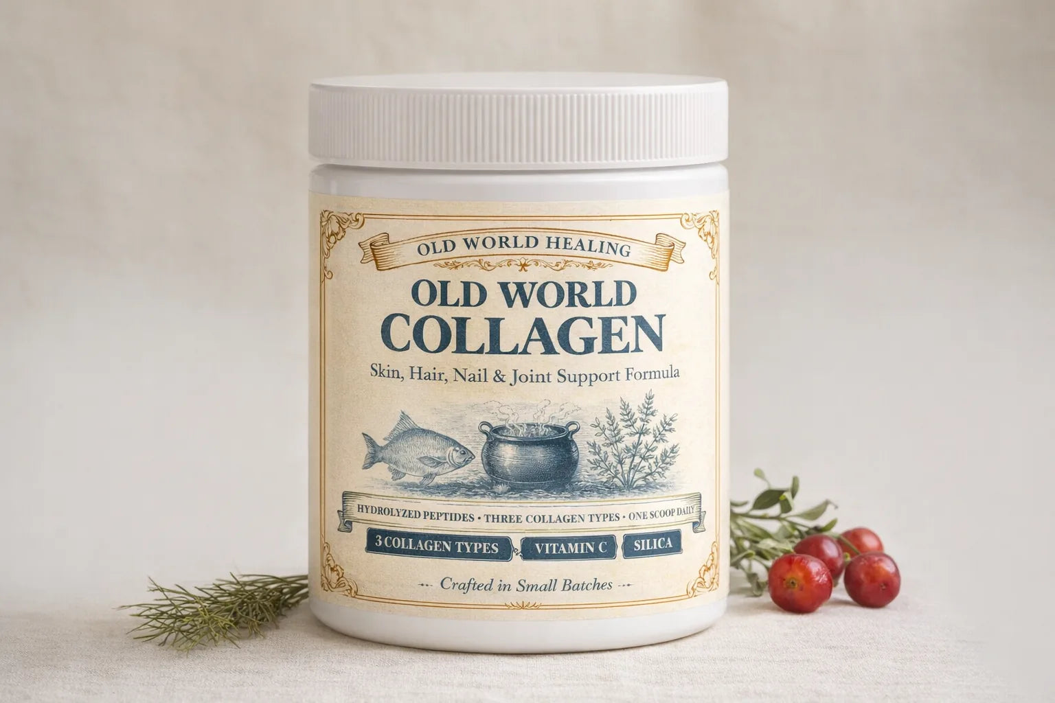 Old World Collagen tub on cream linen beside dried horsetail and red acerola berries