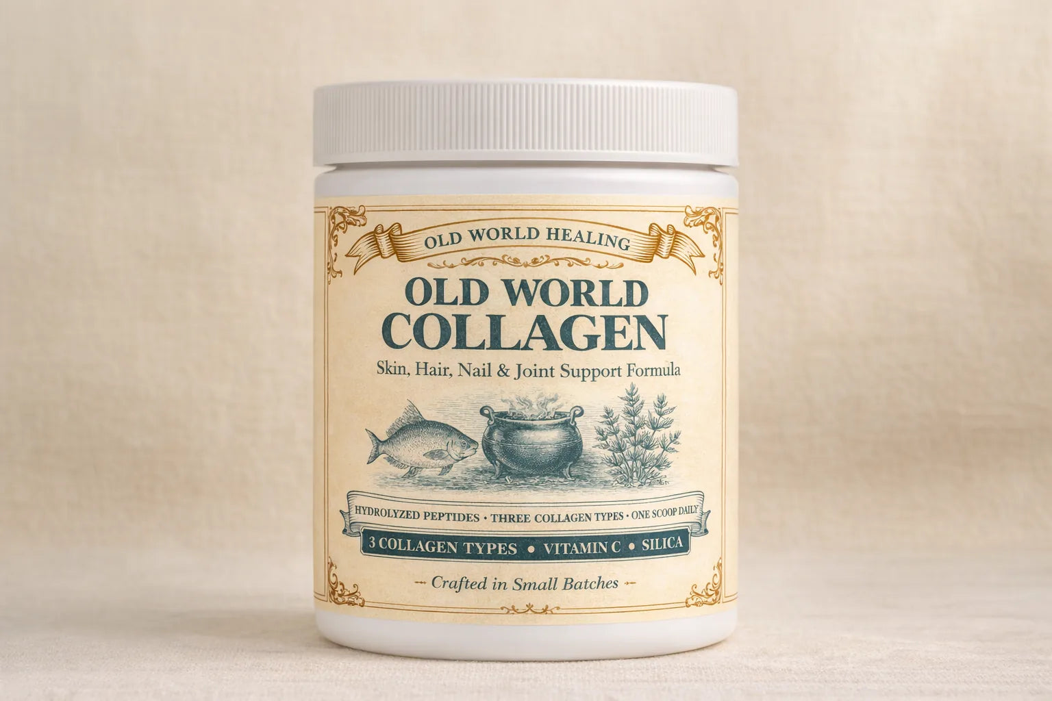 Old World Collagen tub photographed on cream linen in bright light