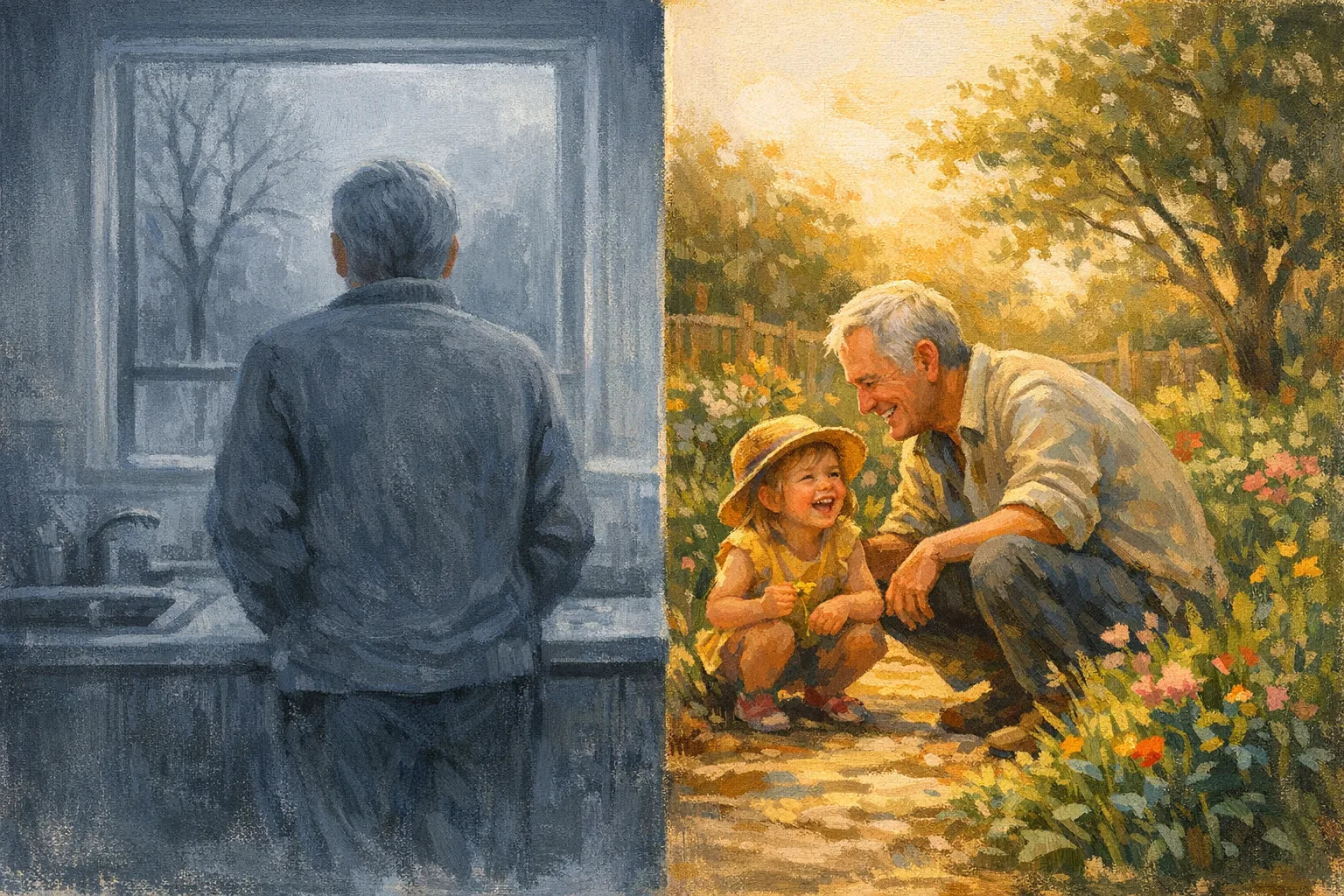 Split illustration contrasting a person closed off at a kitchen window with the same person outside laughing beside a child