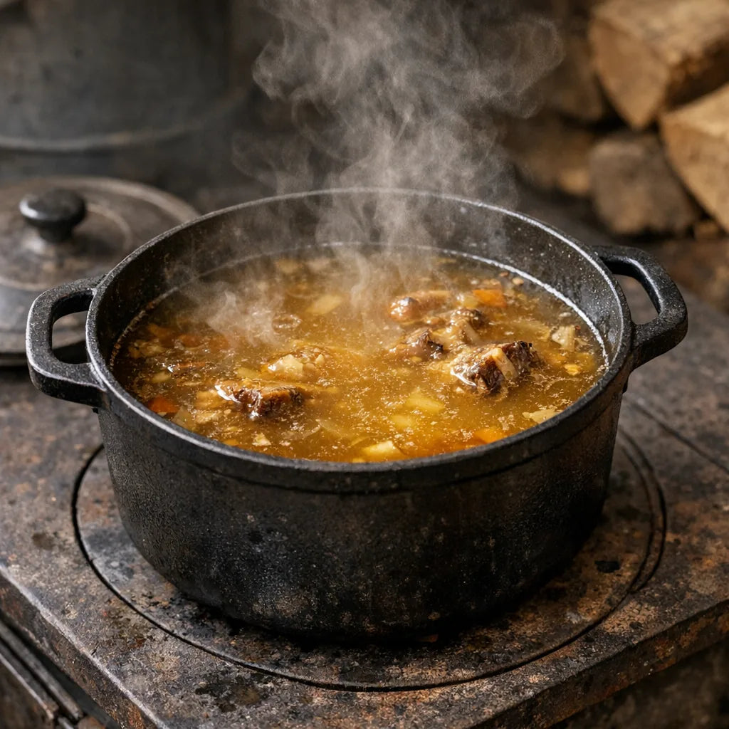 A pot of long-simmered bone broth on a wood stove