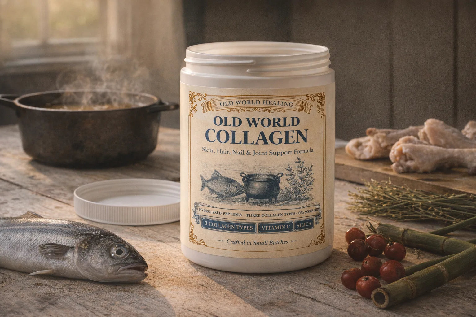 Editorial flat-lay of the Old World Collagen tub with broth, cod, chicken joint ends, horsetail, bamboo and acerola on a farmhouse table