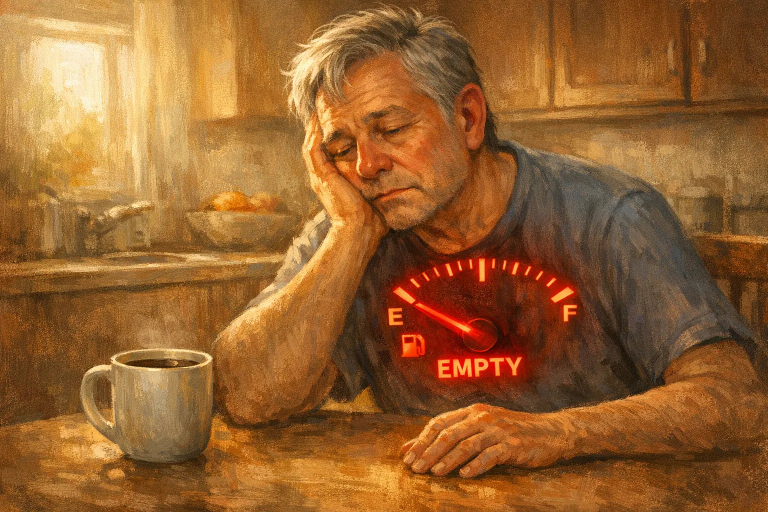 Person in their sixties slumped at a kitchen table at 2pm with a glowing fuel gauge on empty across their chest