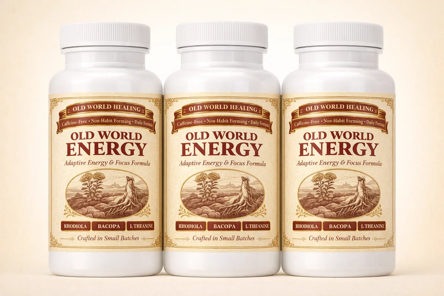 Three Old World Energy bottles standing together on a clean warm cream surface