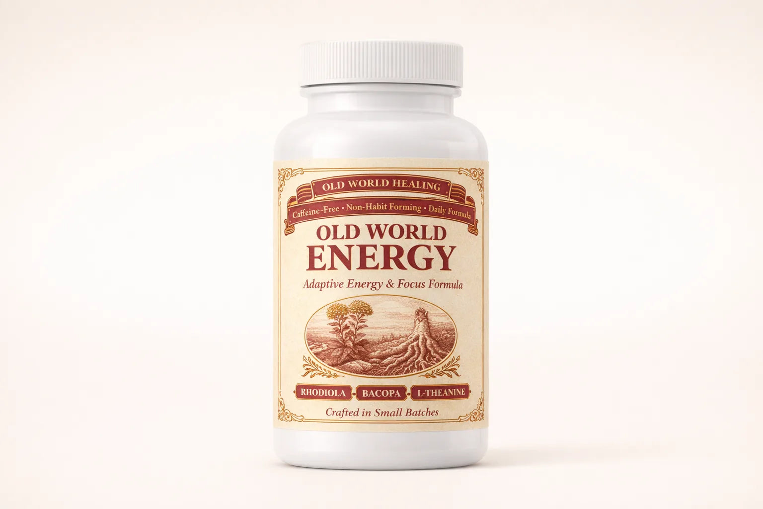 Old World Energy bottle photographed straight on against a warm cream background