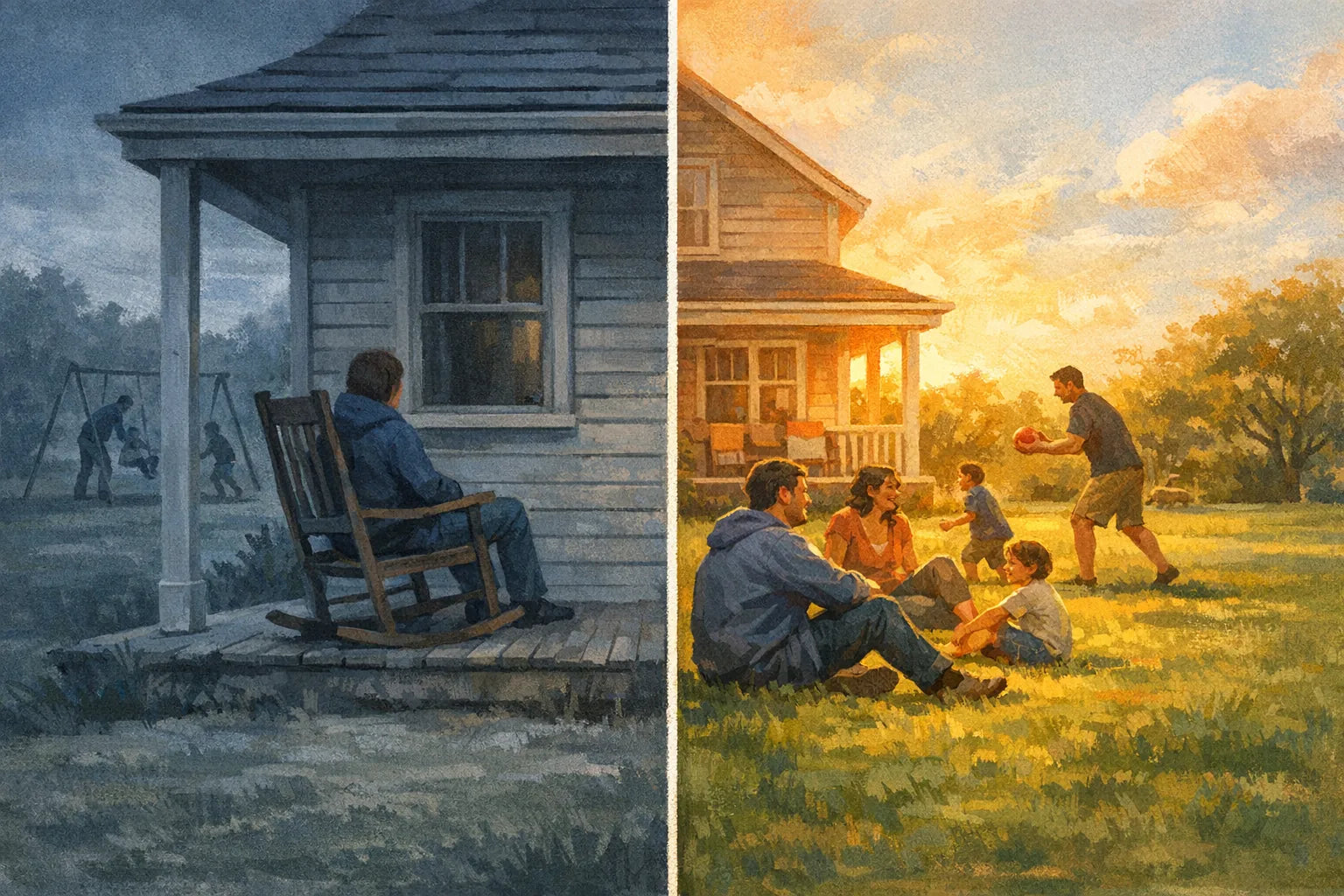 Split illustration of a person watching a family from a porch chair beside the same person out on the lawn with them