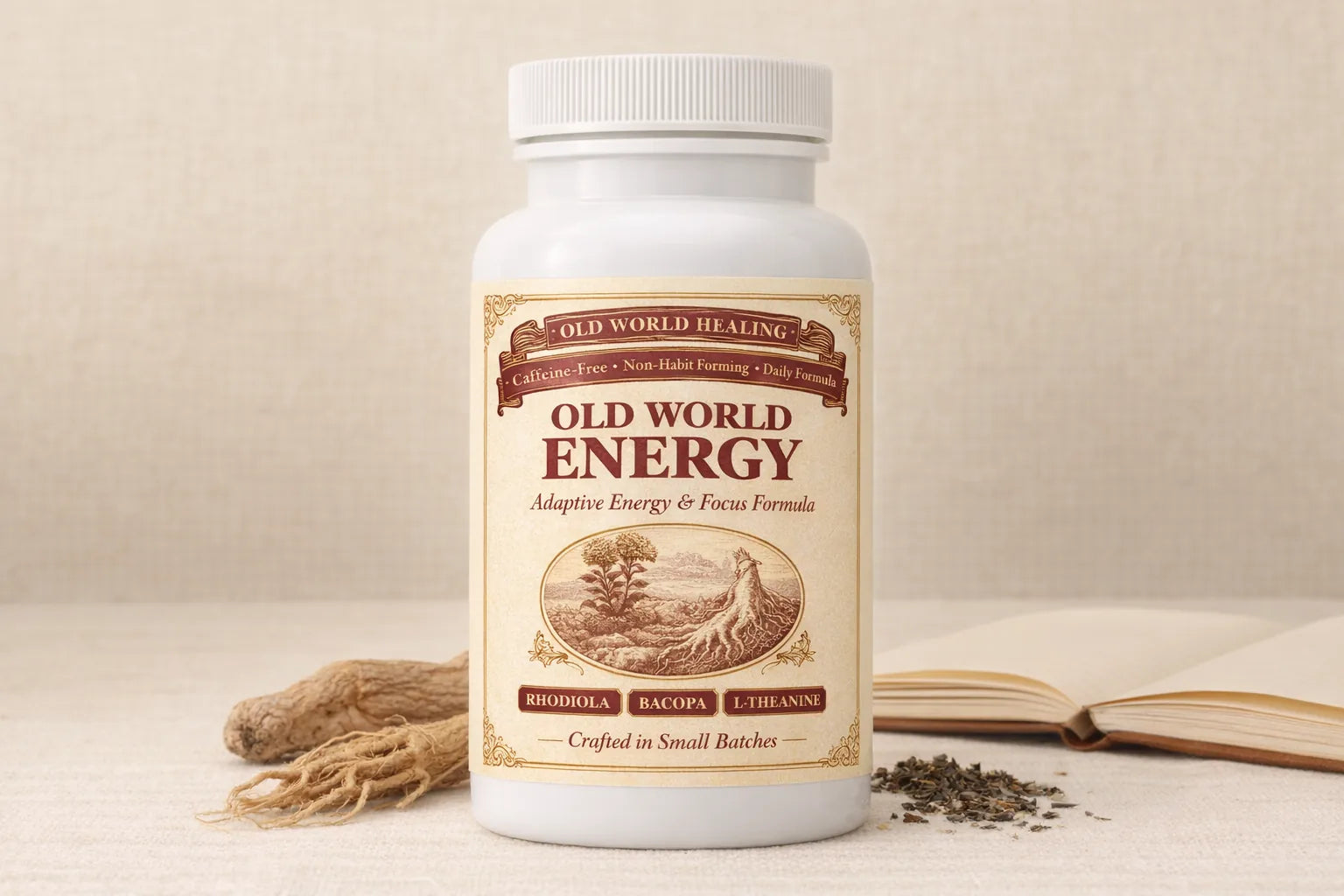 The Old World Energy bottle on cream linen with dried roots, loose tea leaves and an open notebook