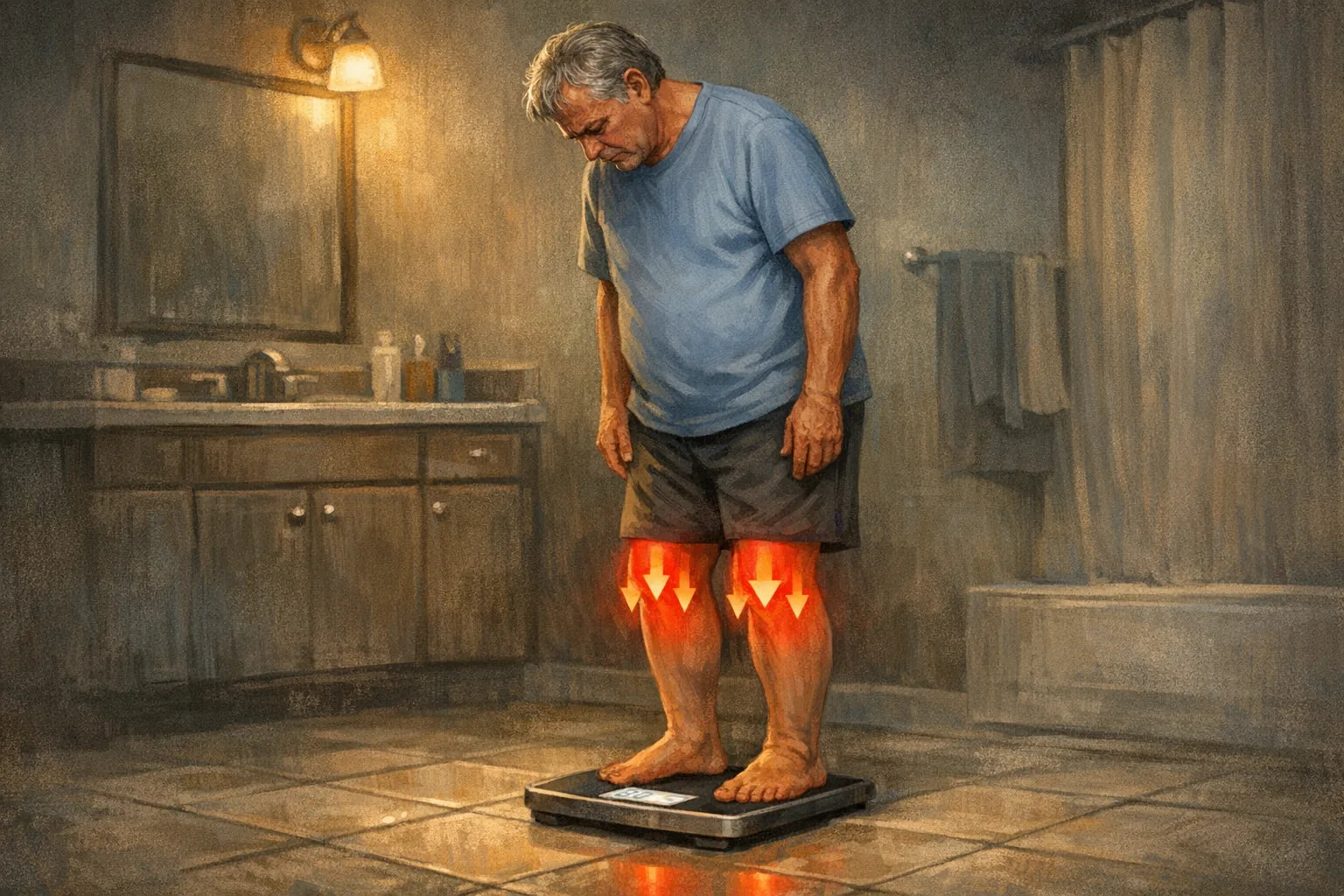 Illustration of an older adult on a bathroom scale with pressure loading through the knees