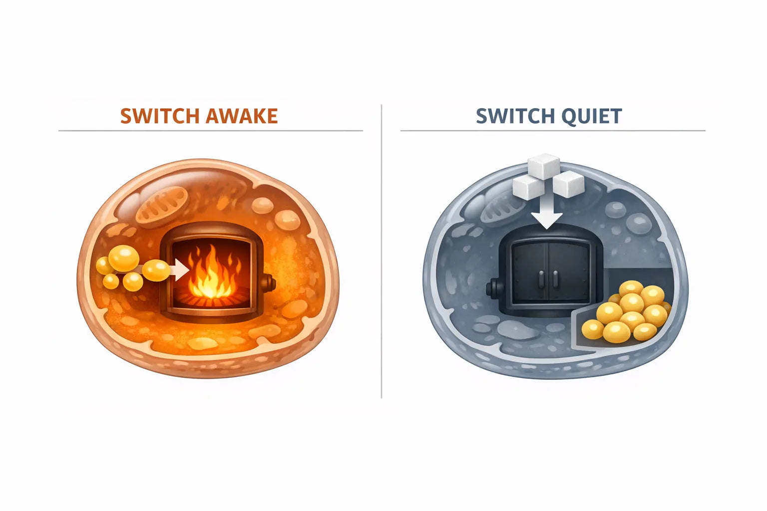 Two-panel illustration of a cell with the fat-burning switch awake and then quiet