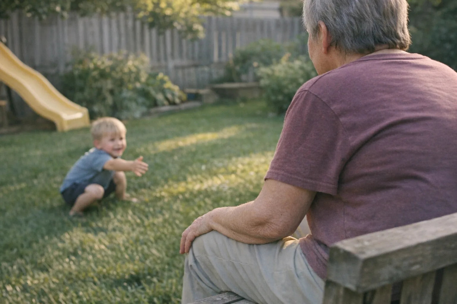 Older adult seated on a garden bench watching a child reach toward them from the grass
