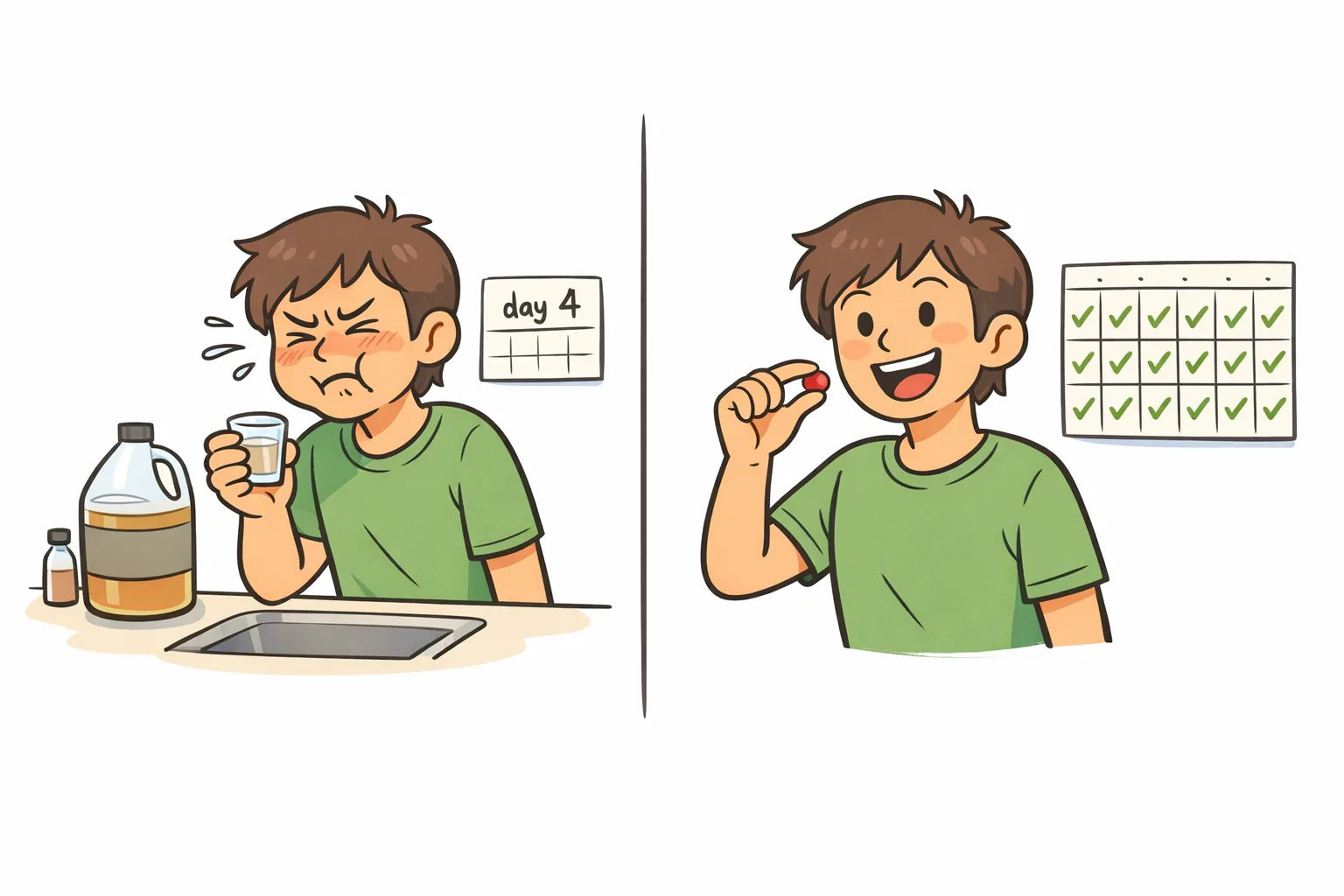 Two-panel cartoon contrasting a vinegar shot with eating one small gummy