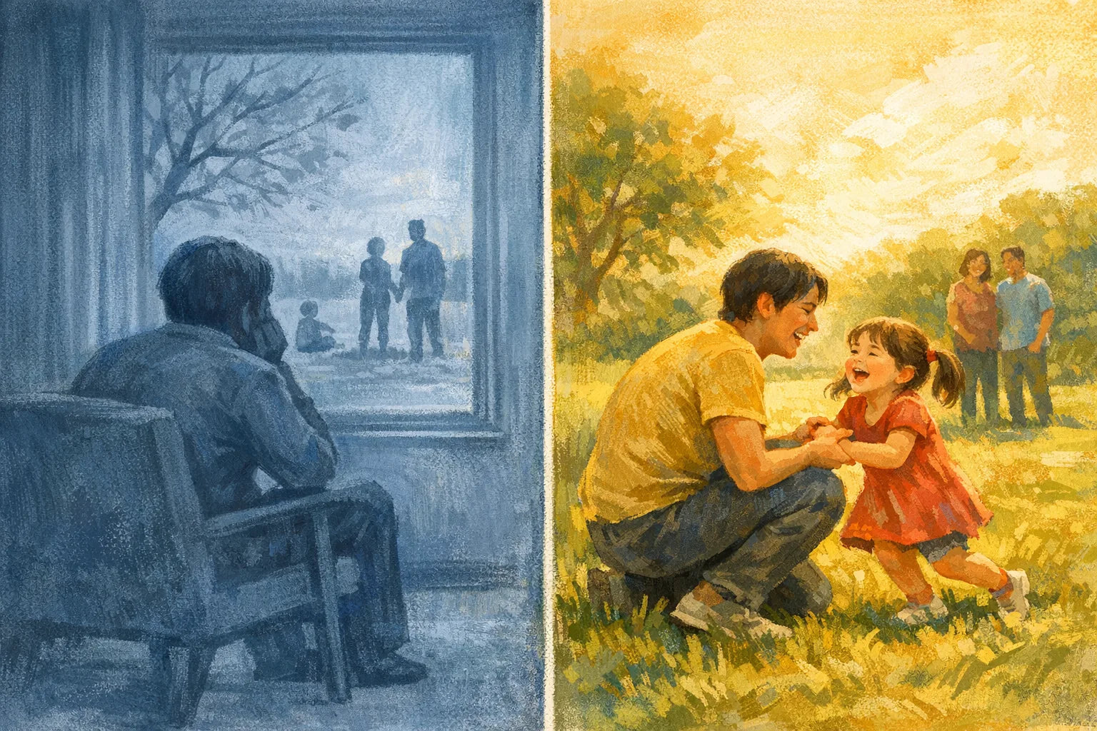 Split illustration contrasting watching from a window with playing on the grass