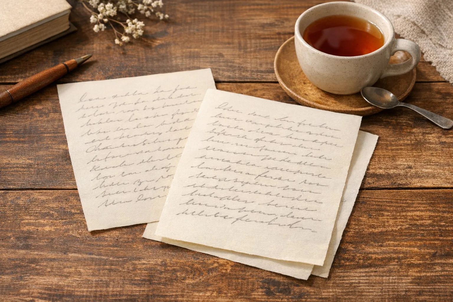 Illustration of two handwritten letters beside a cup of tea
