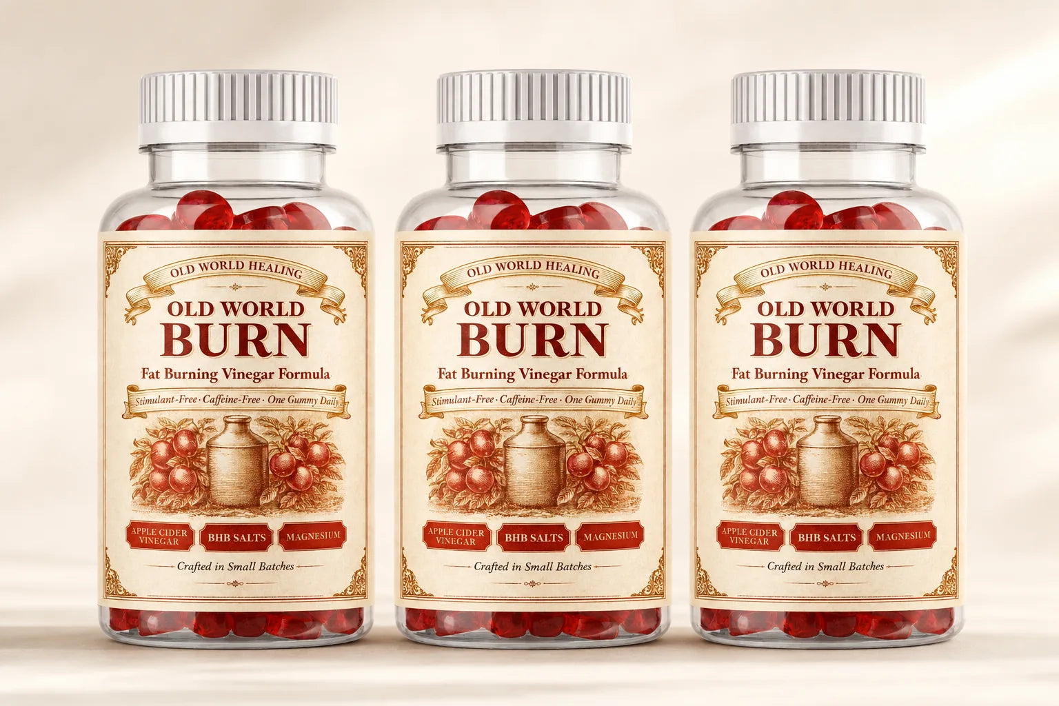 Three jars of Old World Burn lined up in morning light