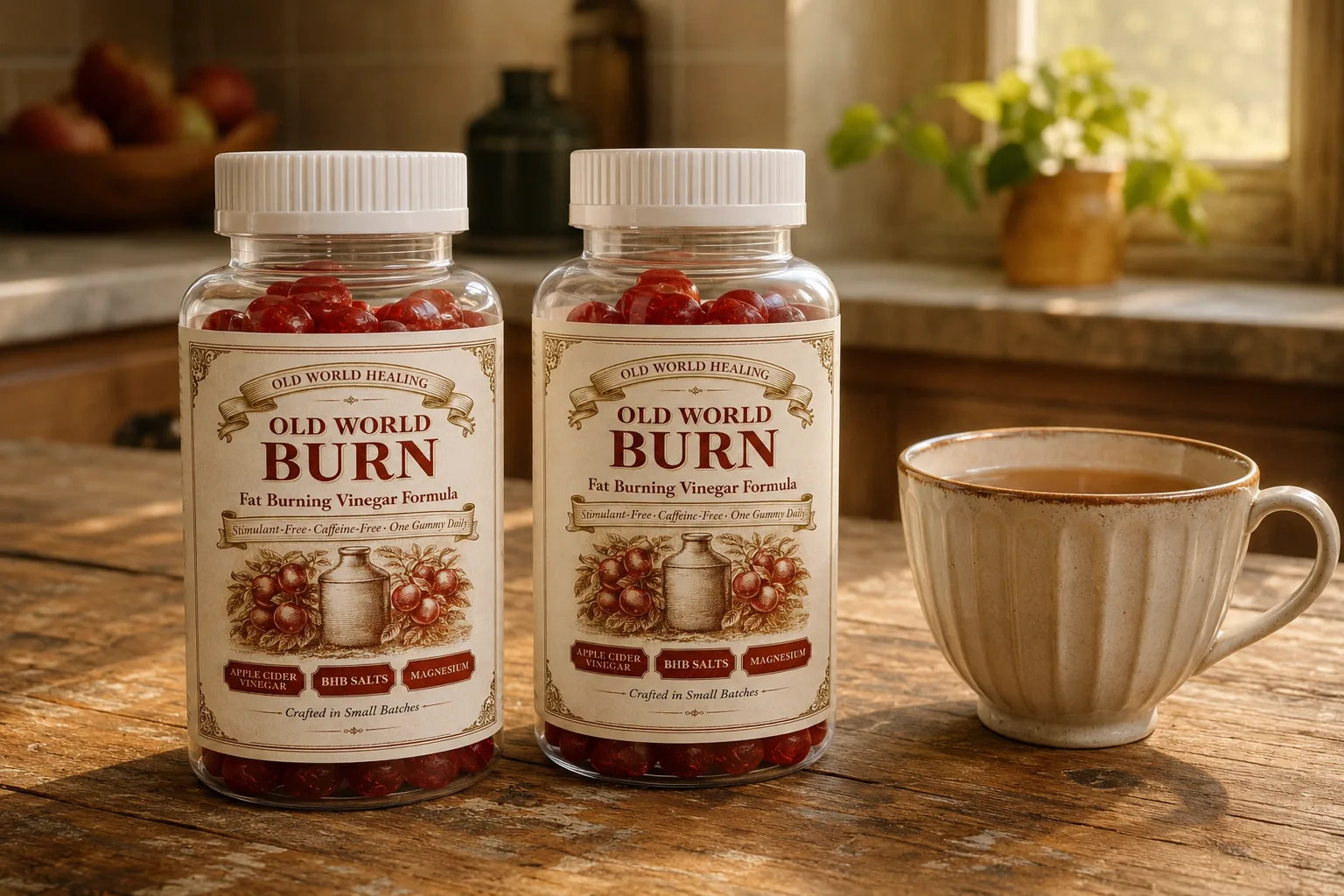 Two jars of Old World Burn beside a cup of tea on a kitchen table