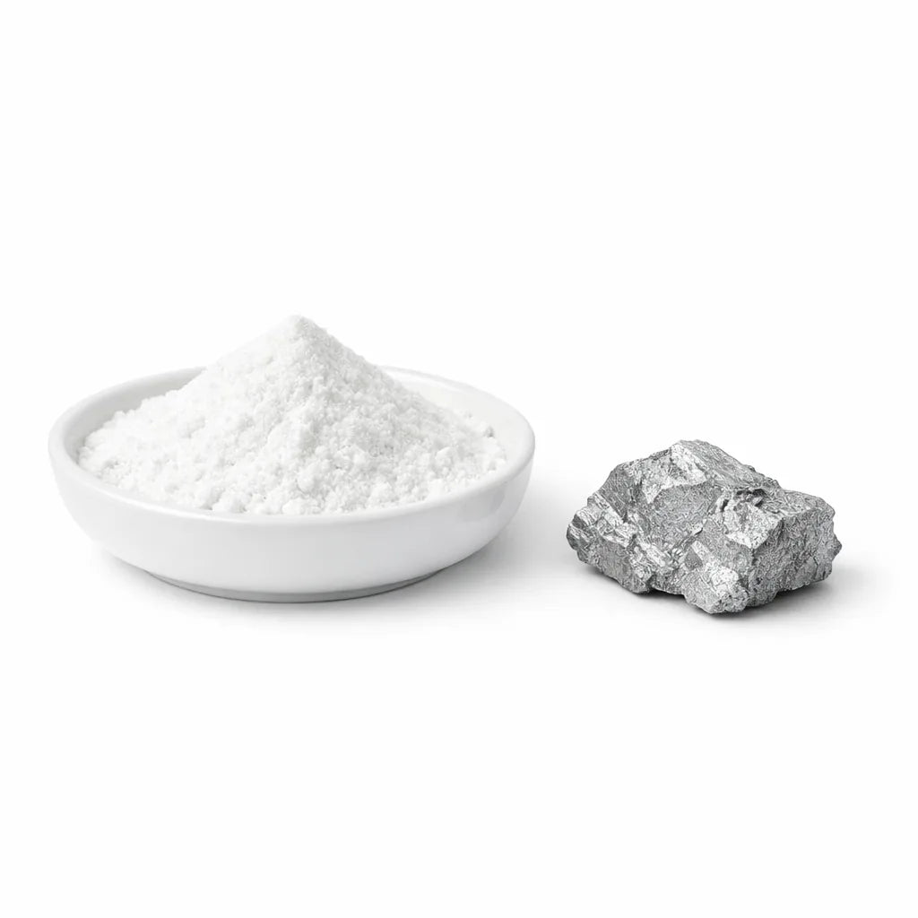 White powder beside a raw magnesium mineral chunk
