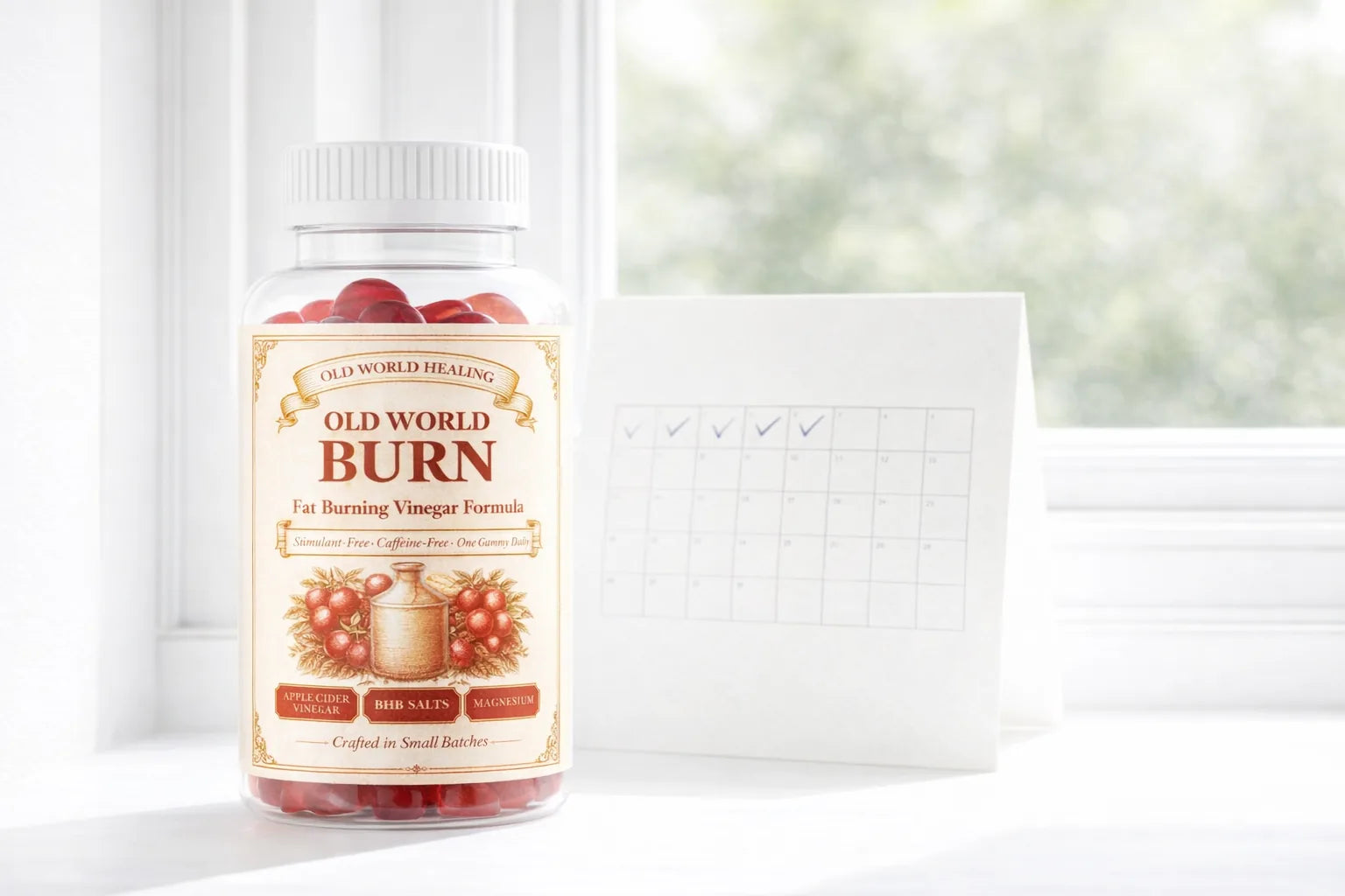The Old World Burn jar on a windowsill beside a calendar with twelve weeks marked