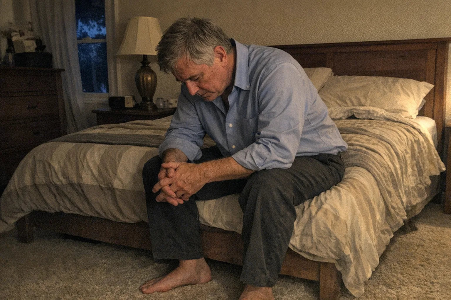 Phone-camera photo of a man in his sixties sitting on the edge of a bed at dusk, still in work clothes