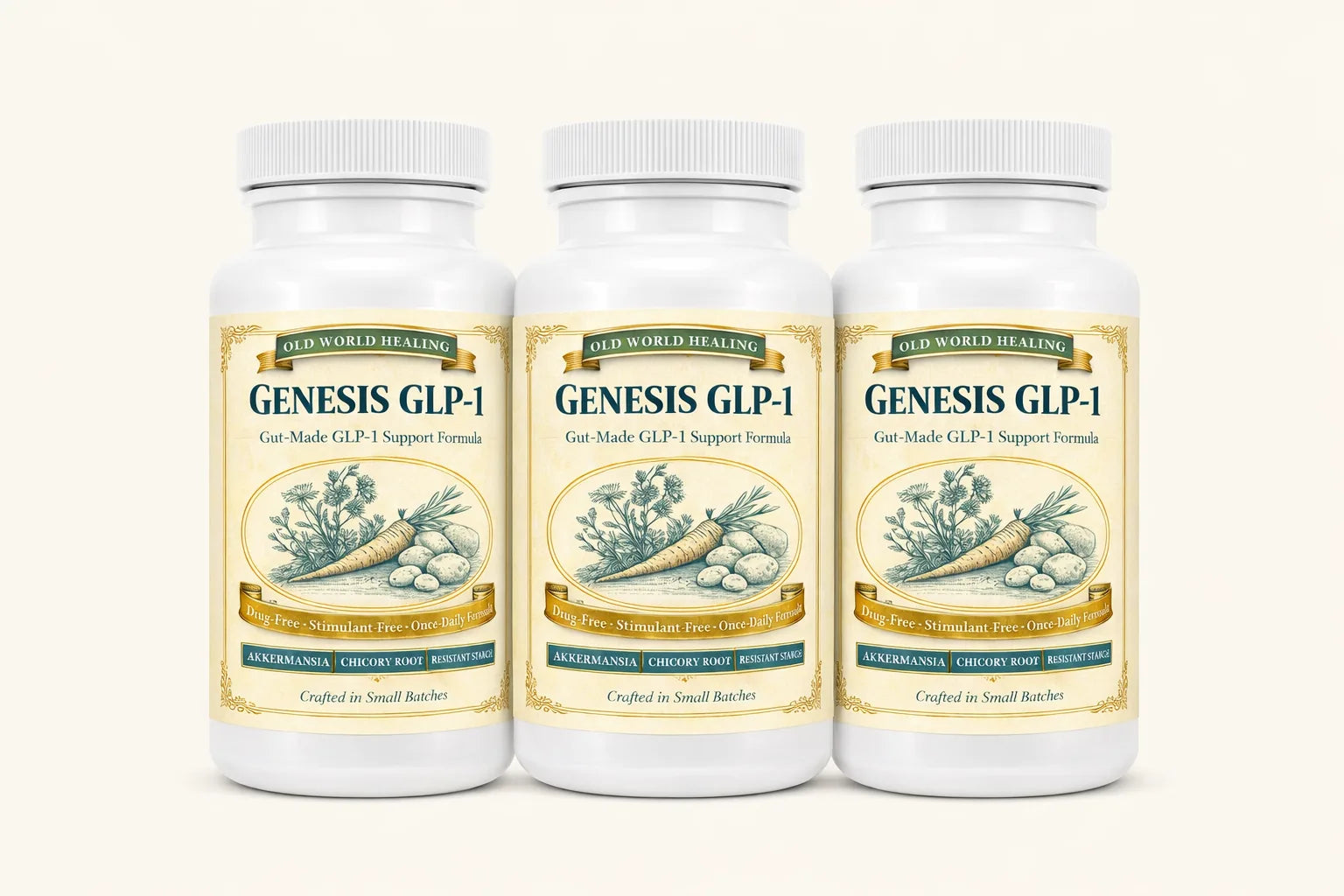Three Genesis GLP-1 bottles grouped on a clean cream background