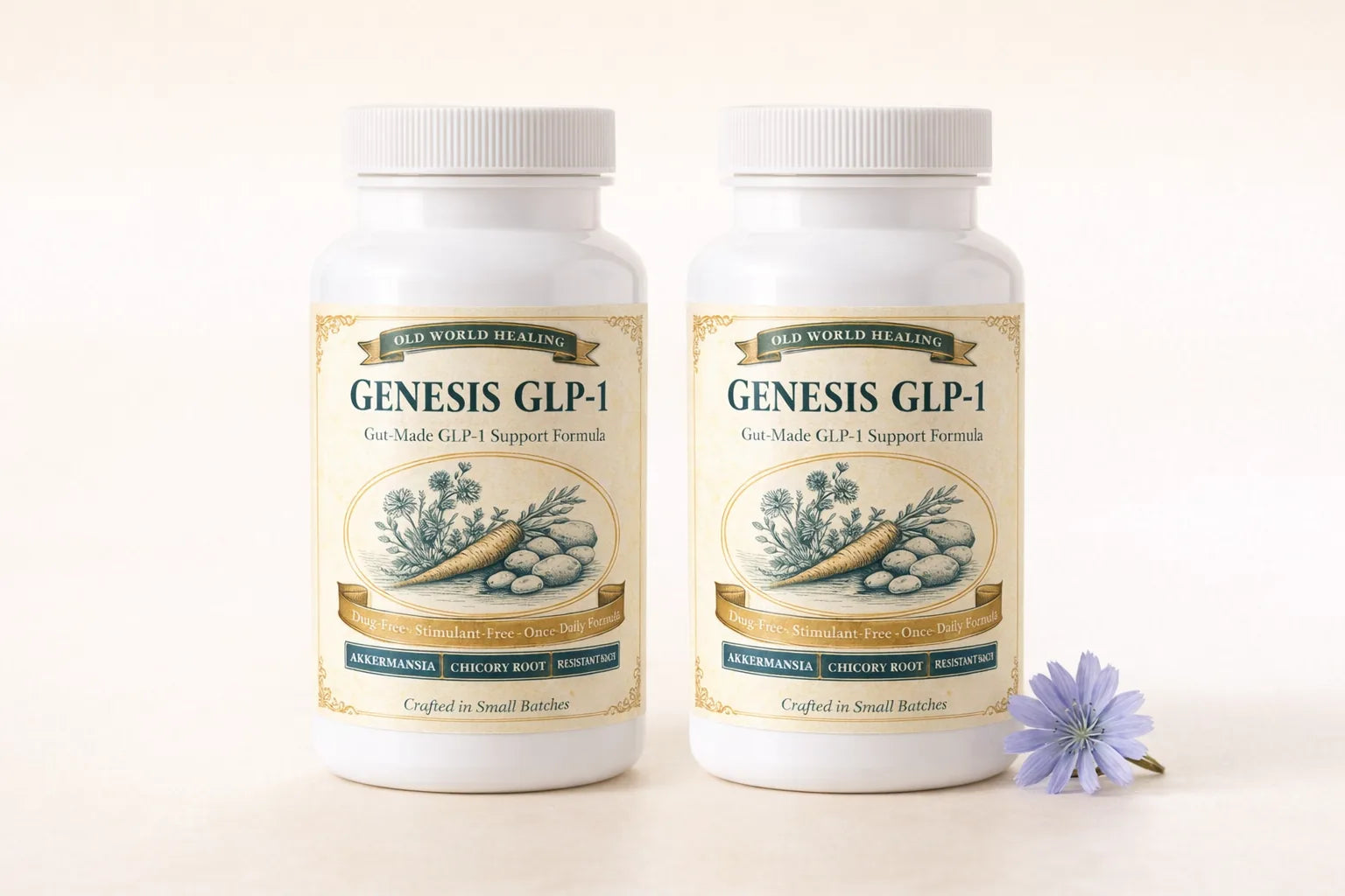 Two Genesis GLP-1 bottles side by side on a cream surface with a chicory flower