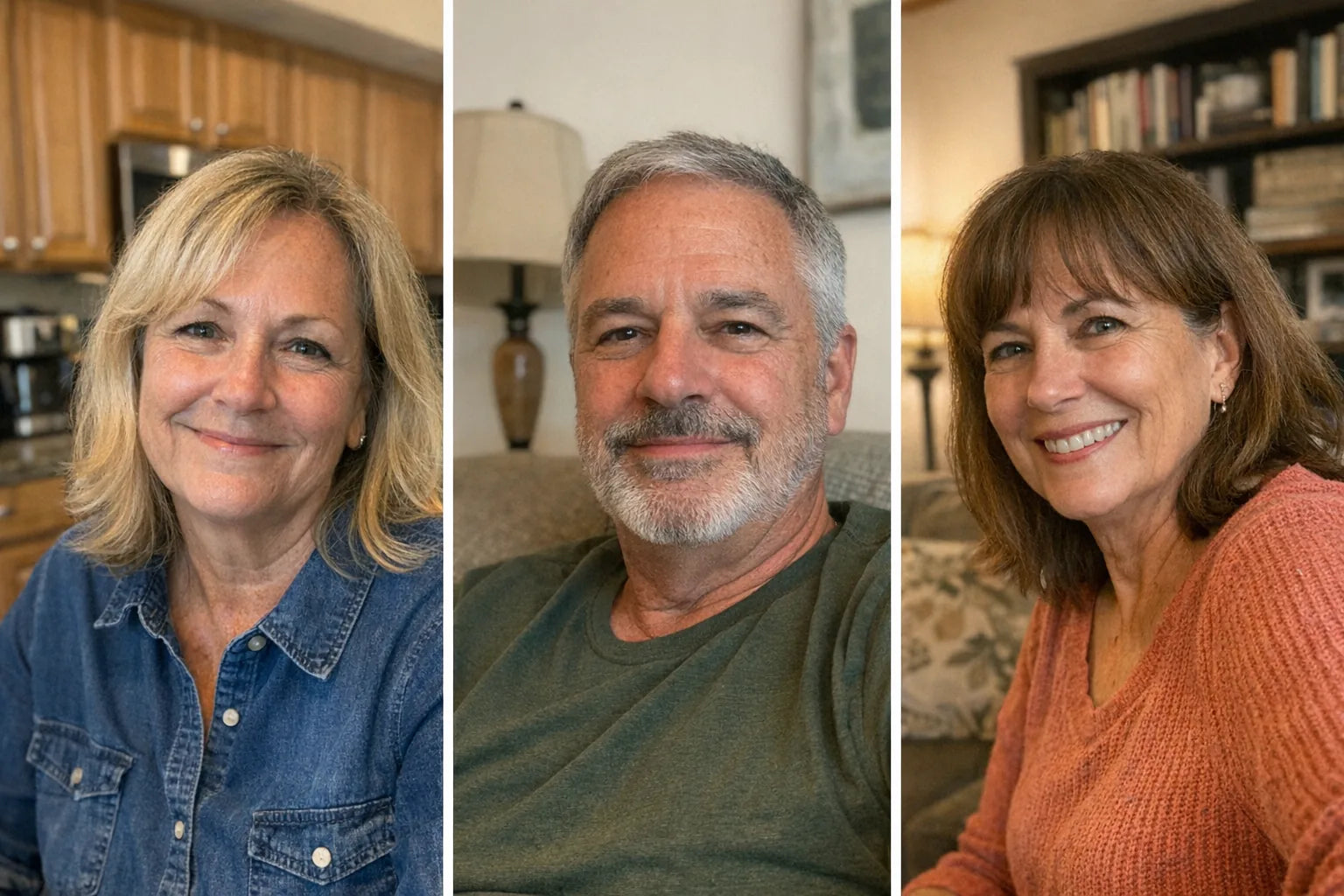 Collage of three natural portrait photos of people in their fifties and sixties in ordinary home settings