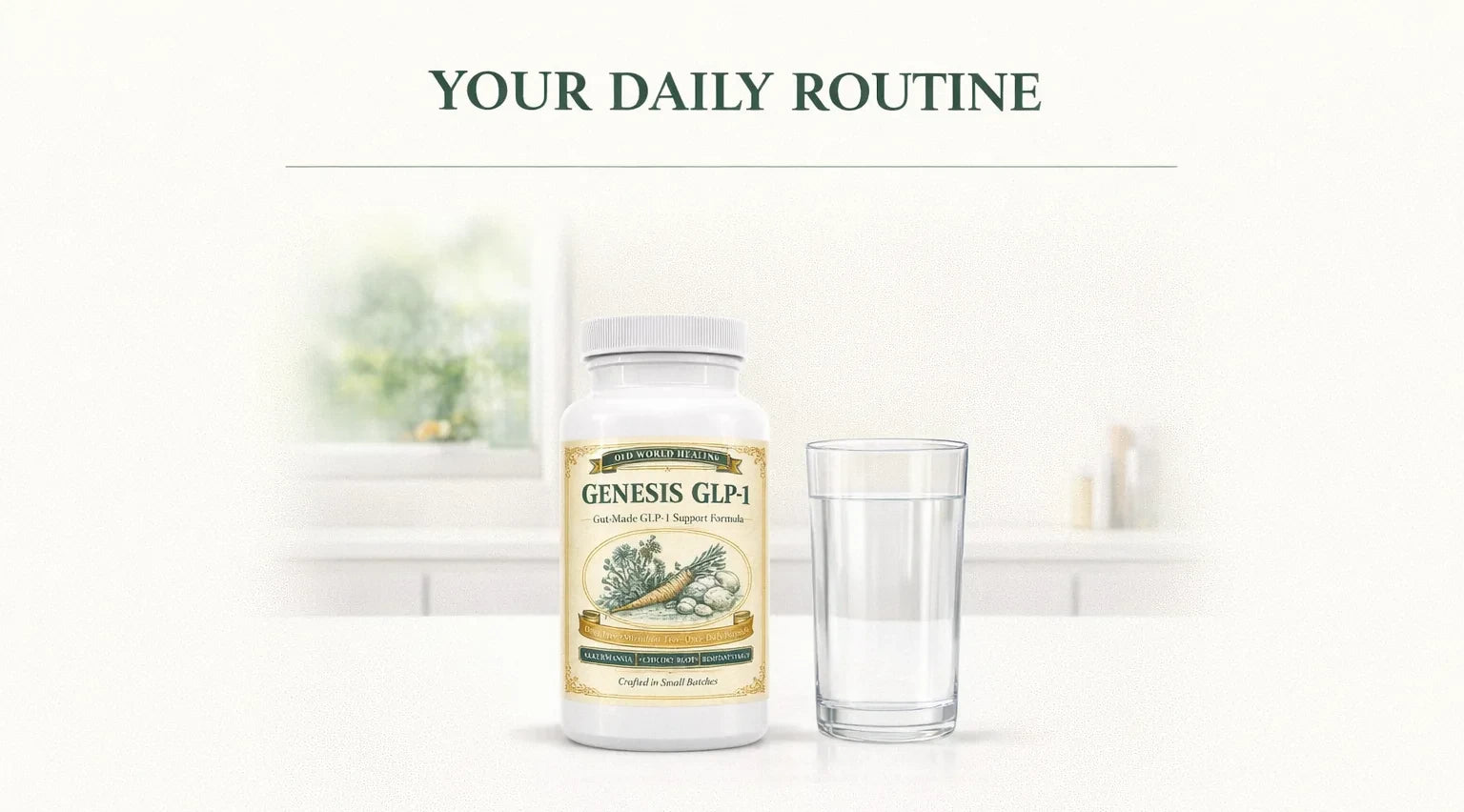 Clean instructional infographic showing a simple daily routine with the Genesis GLP-1 bottle and a glass of water
