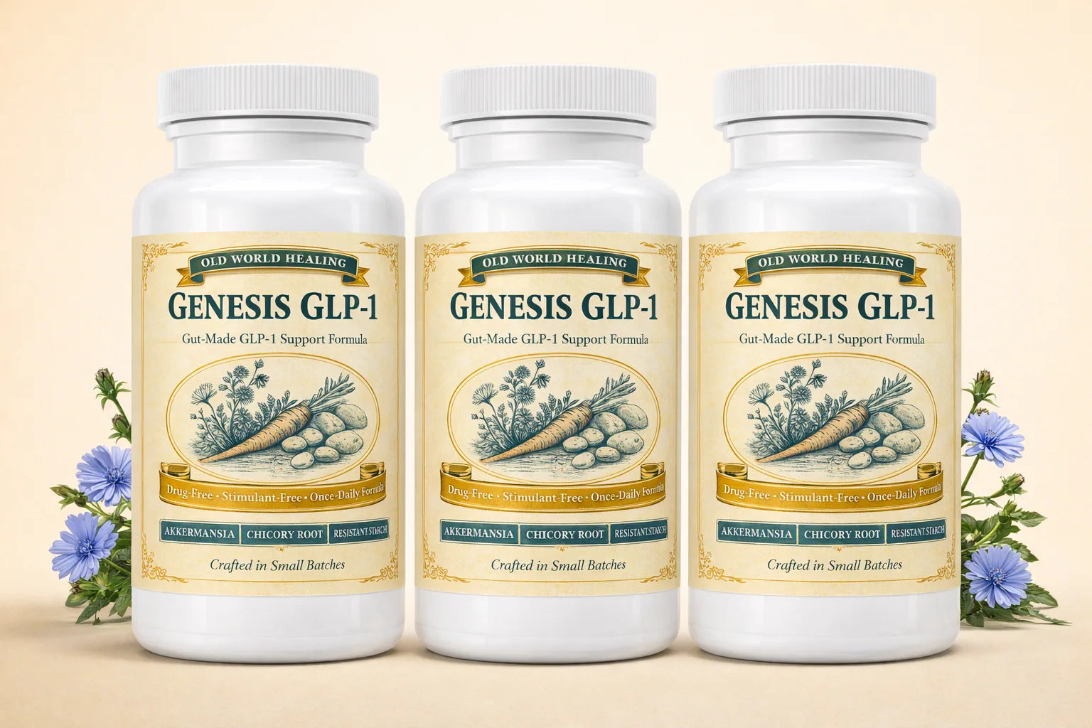 Three Genesis GLP-1 bottles on a warm cream surface with chicory sprigs