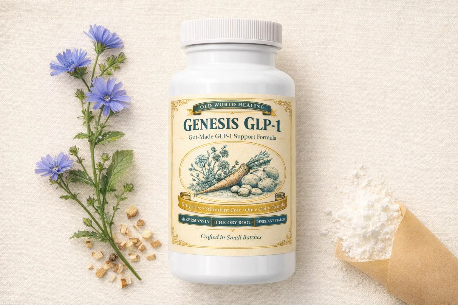 Genesis GLP-1 on cream linen with chicory and potato starch