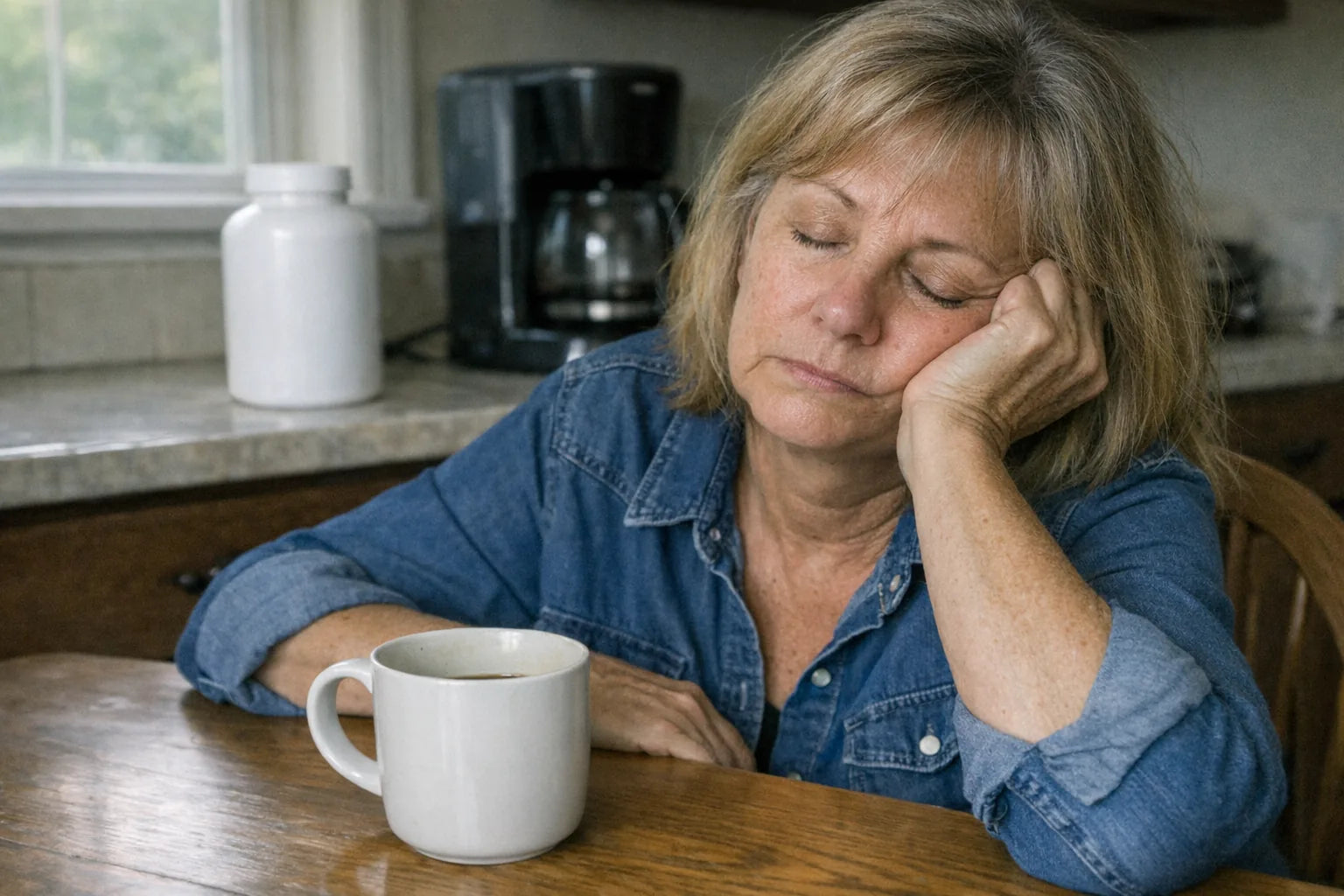 Woman in her sixties slumped at a kitchen table in the afternoon with a mug of coffee and a multivitamin bottle on the counter behind her