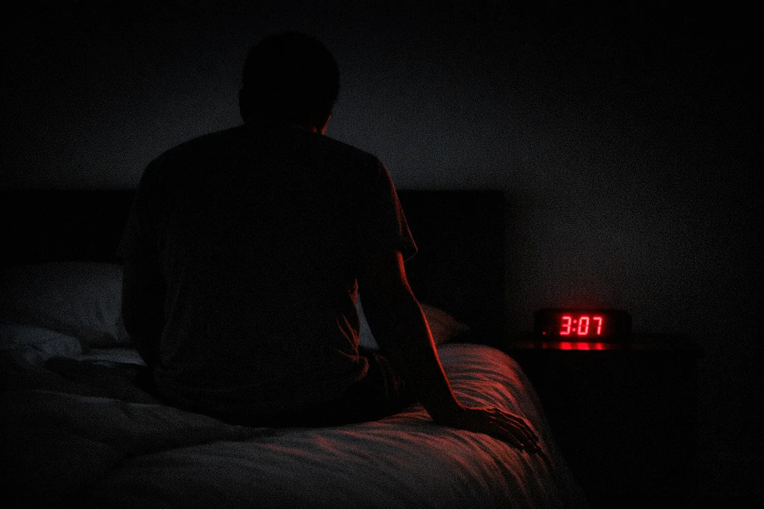 Dark bedroom lit by a bedside clock reading 3:07 with a person sitting on the edge of the bed