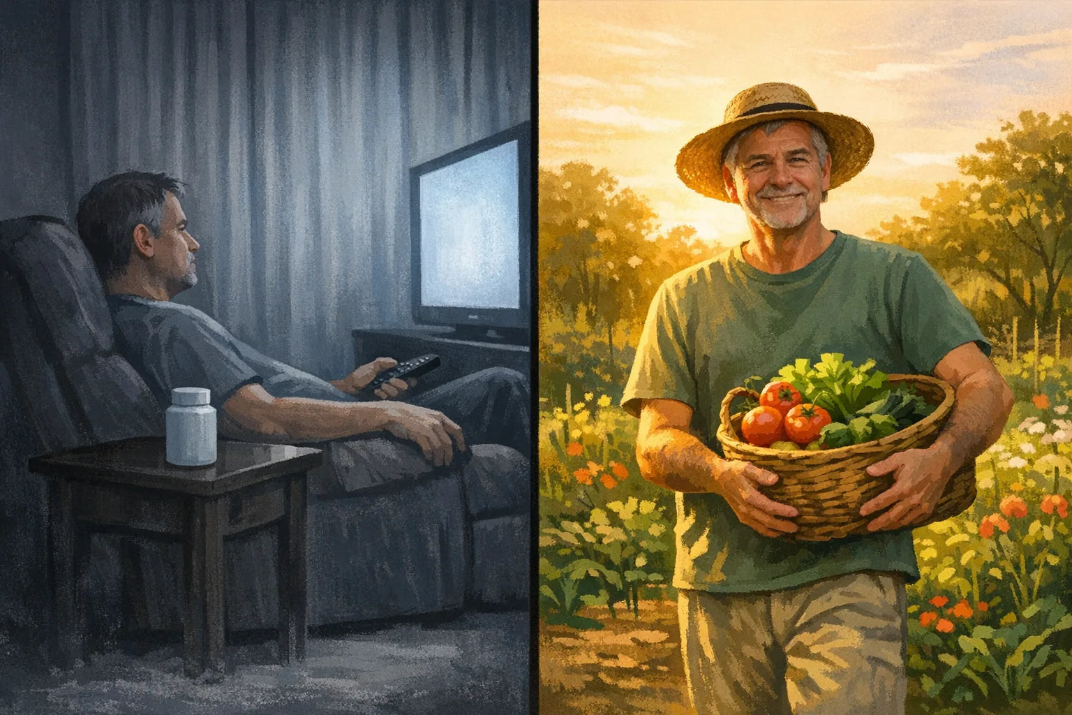 Split illustration showing the same person in a dim living room on one side and out in a sunlit garden on the other
