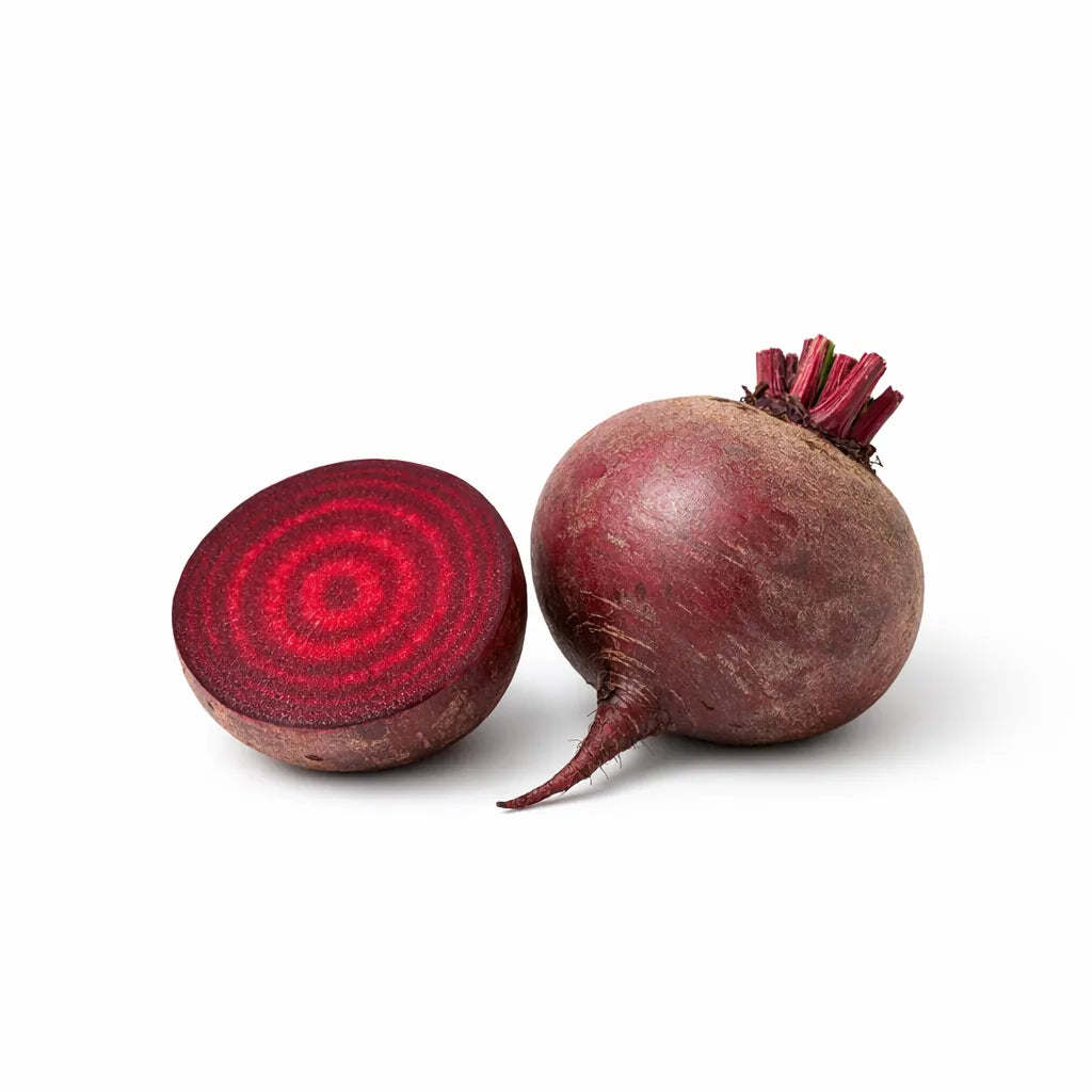 A beet halved to show the deep red rings