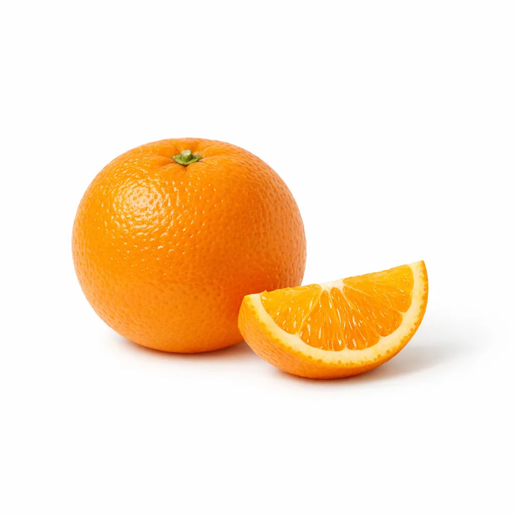 A whole orange with one segment cut away