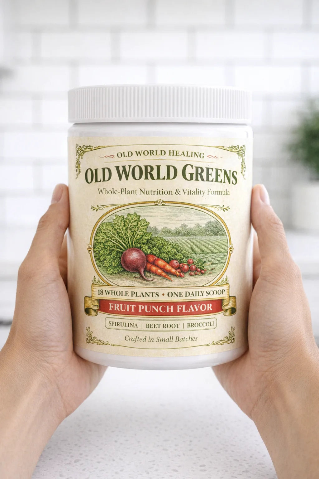 Hands turning the tub to the Supplement Facts side