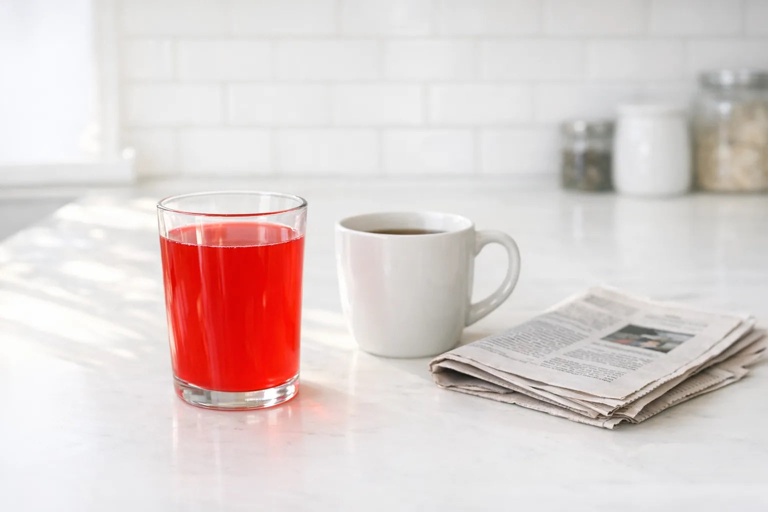 A glass of stirred fruit punch red liquid on a bright kitchen counter
