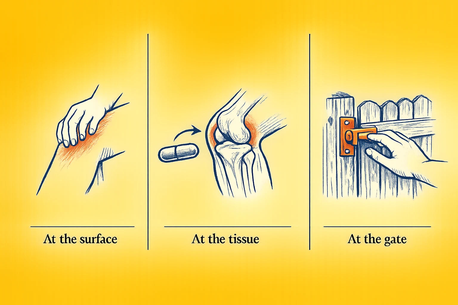 Three-column comparison illustration: at the surface, at the tissue, and at the gate