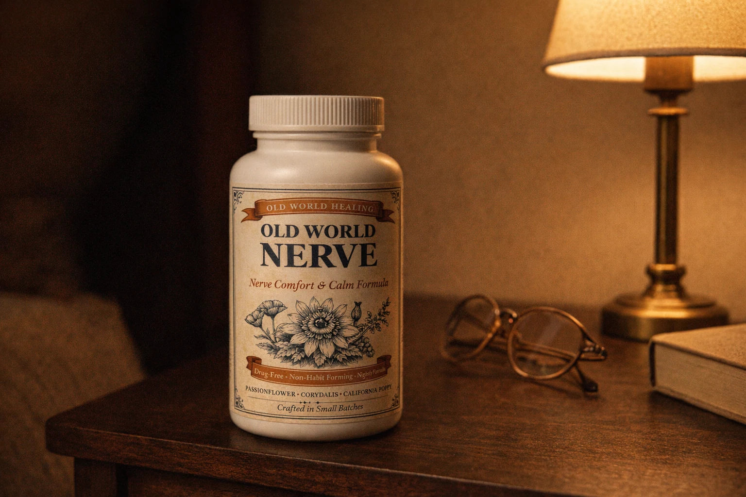 Old World Nerve bottle on a dark walnut nightstand beside a brass lamp and folded reading glasses in warm evening light