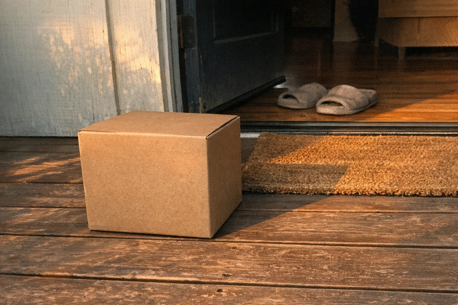 Phone photo of a plain shipping box on a front porch in early evening light with house slippers just inside the doorway