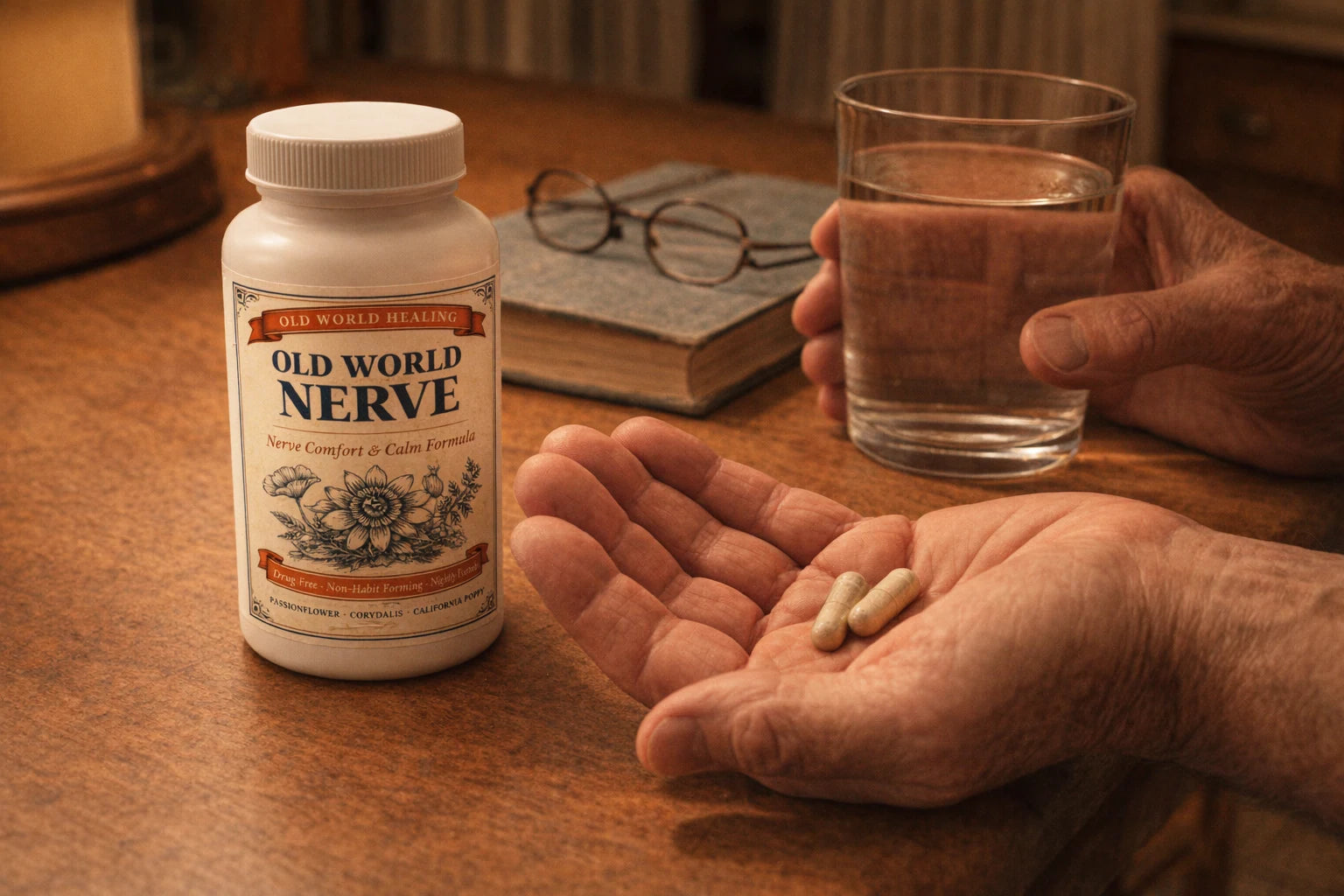 An older person's hands at a kitchen table in the evening taking two capsules with a glass of water beside the Old World Nerve bottle