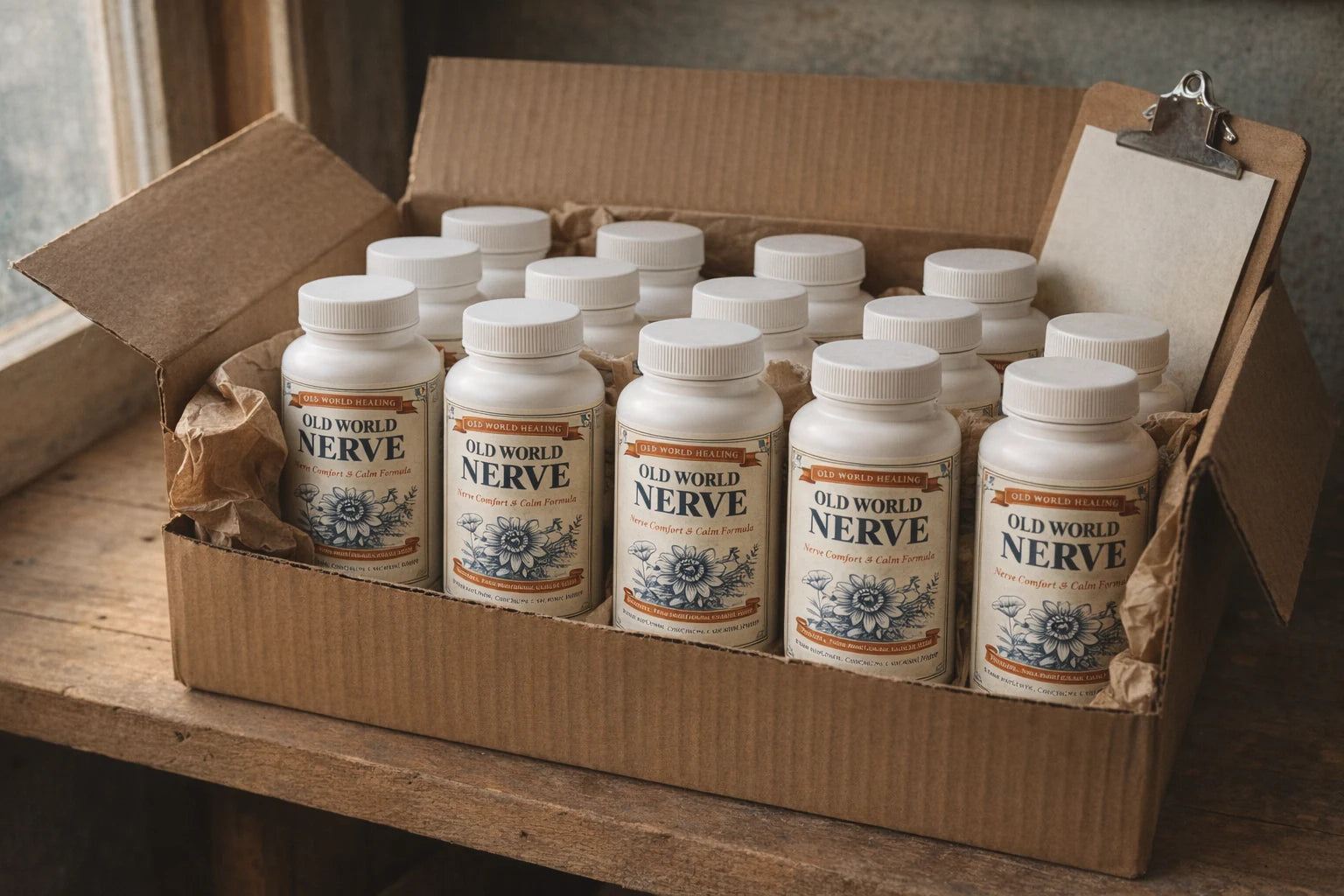 Warm workshop shelf with rows of Old World Nerve bottles in an open shipping carton beside packing paper and a clipboard