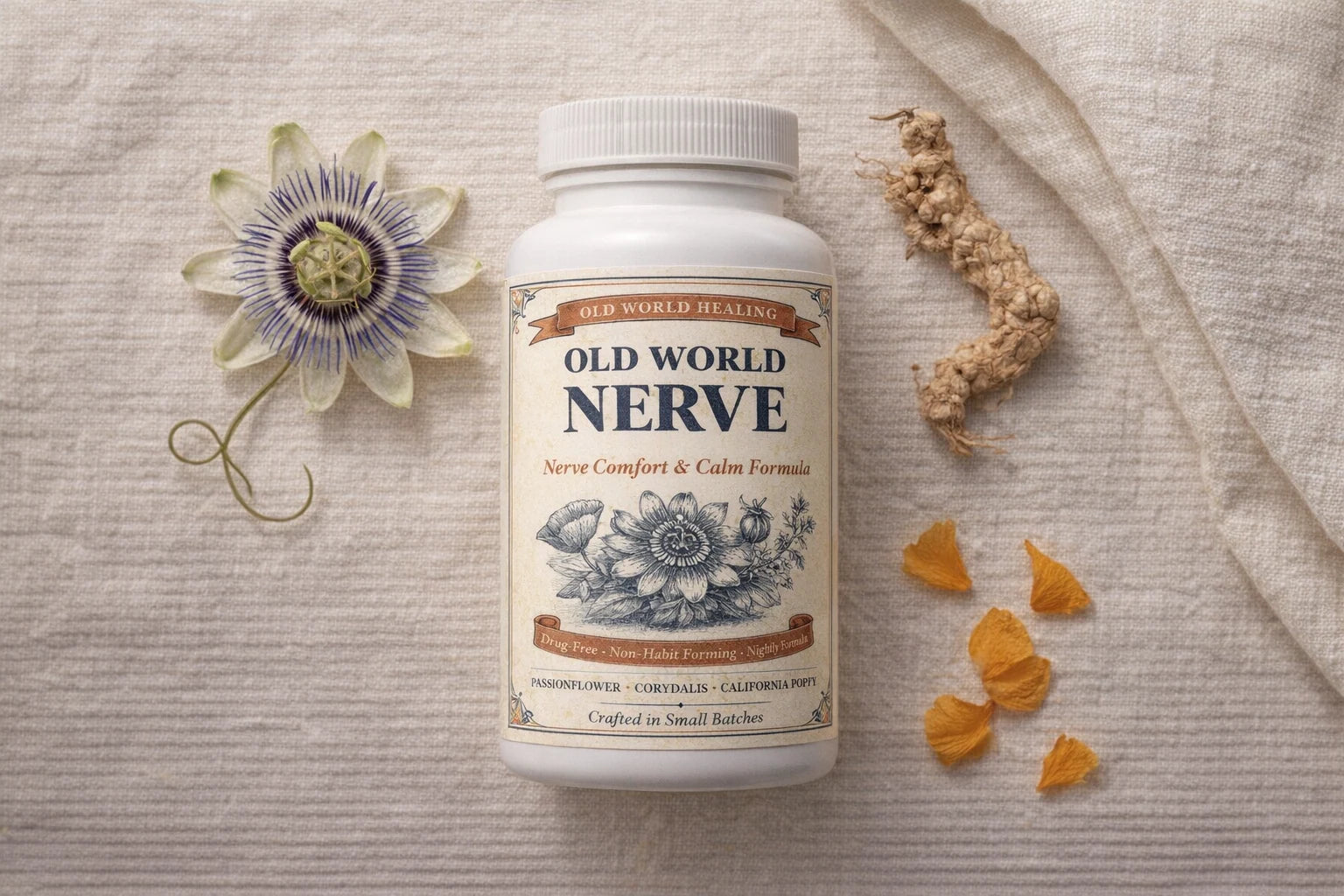 The bottle on cream linen with passionflower, corydalis root and poppy petals
