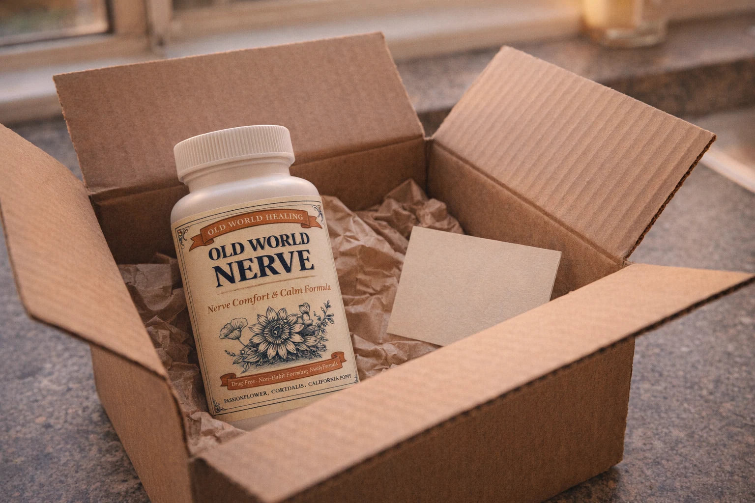 A shipping box open on a kitchen counter with the bottle inside